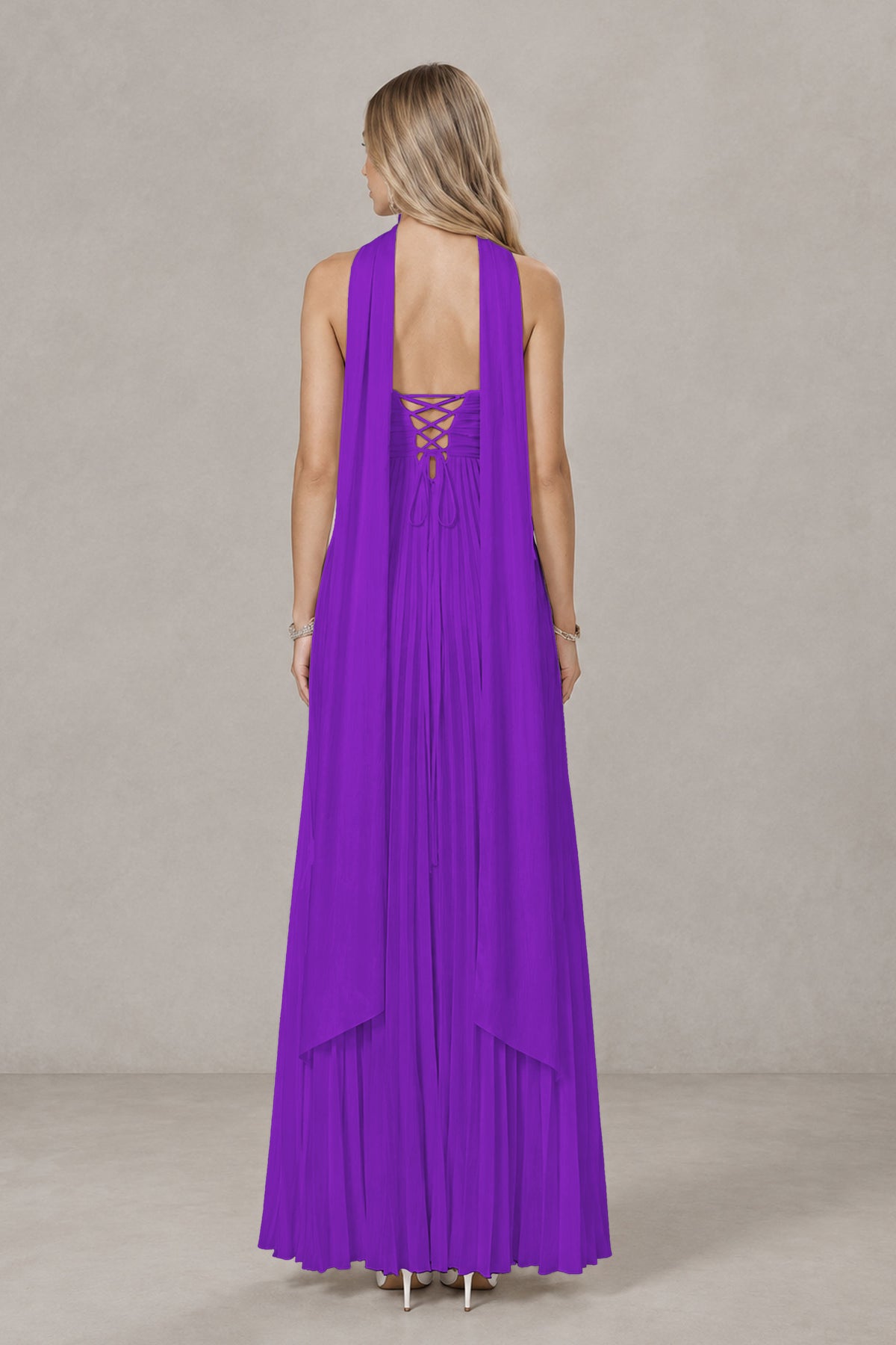 BOLODOO Purple Strapless Chiffon-Look Maxi Dress with Lace-Up Back & Cape - Purple