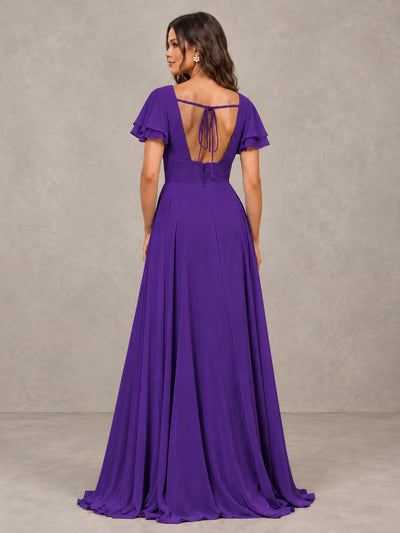 BOLODOO Purple Flutter Sleeve Chiffon A-Line Maxi Bridesmaid Dress with Open Back & Slit - Purple - Purple (2)