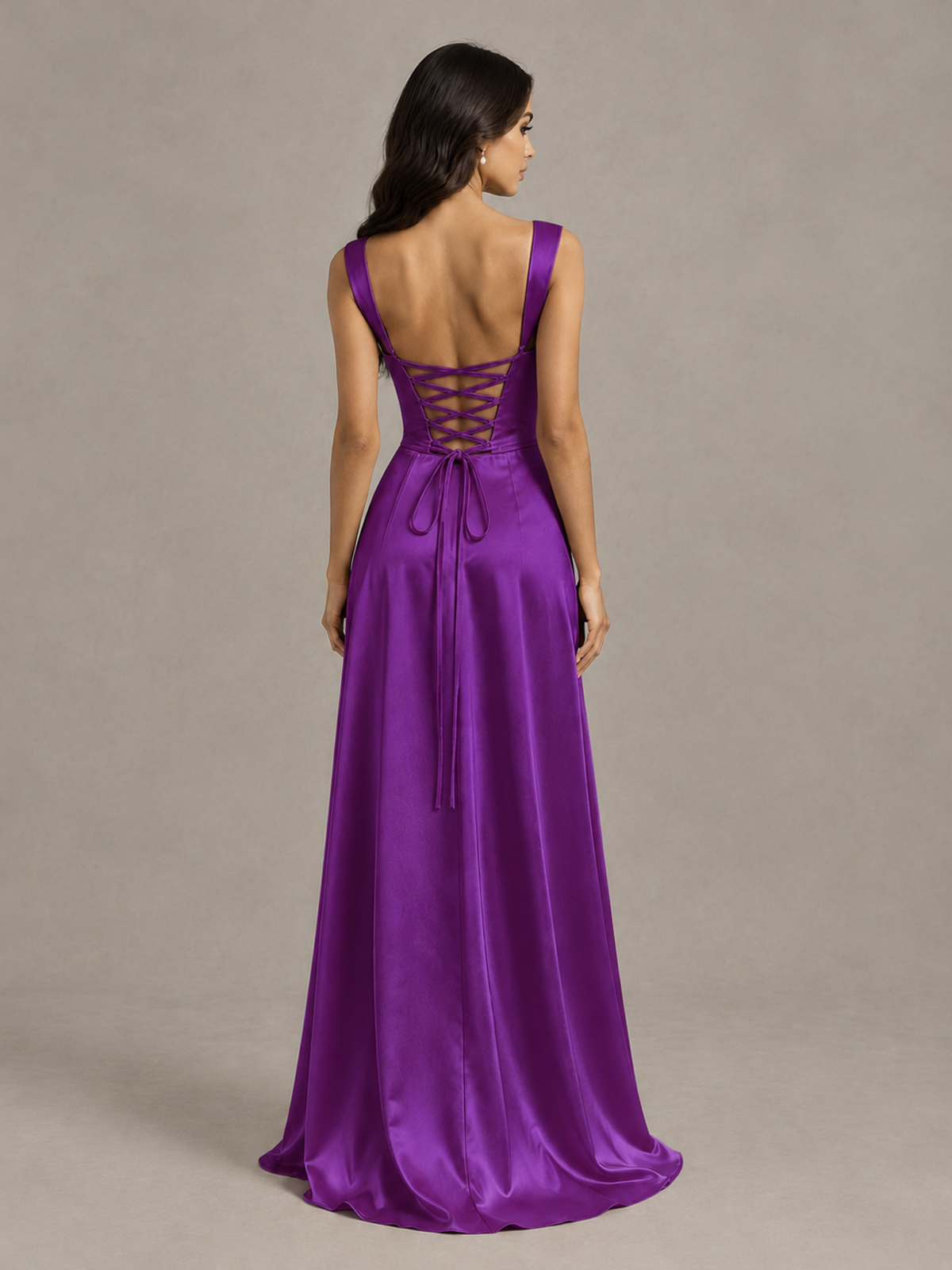 BOLODOO Purple Satin Lace-Up Bridesmaid Dress with Slit - Purple - Purple (2)