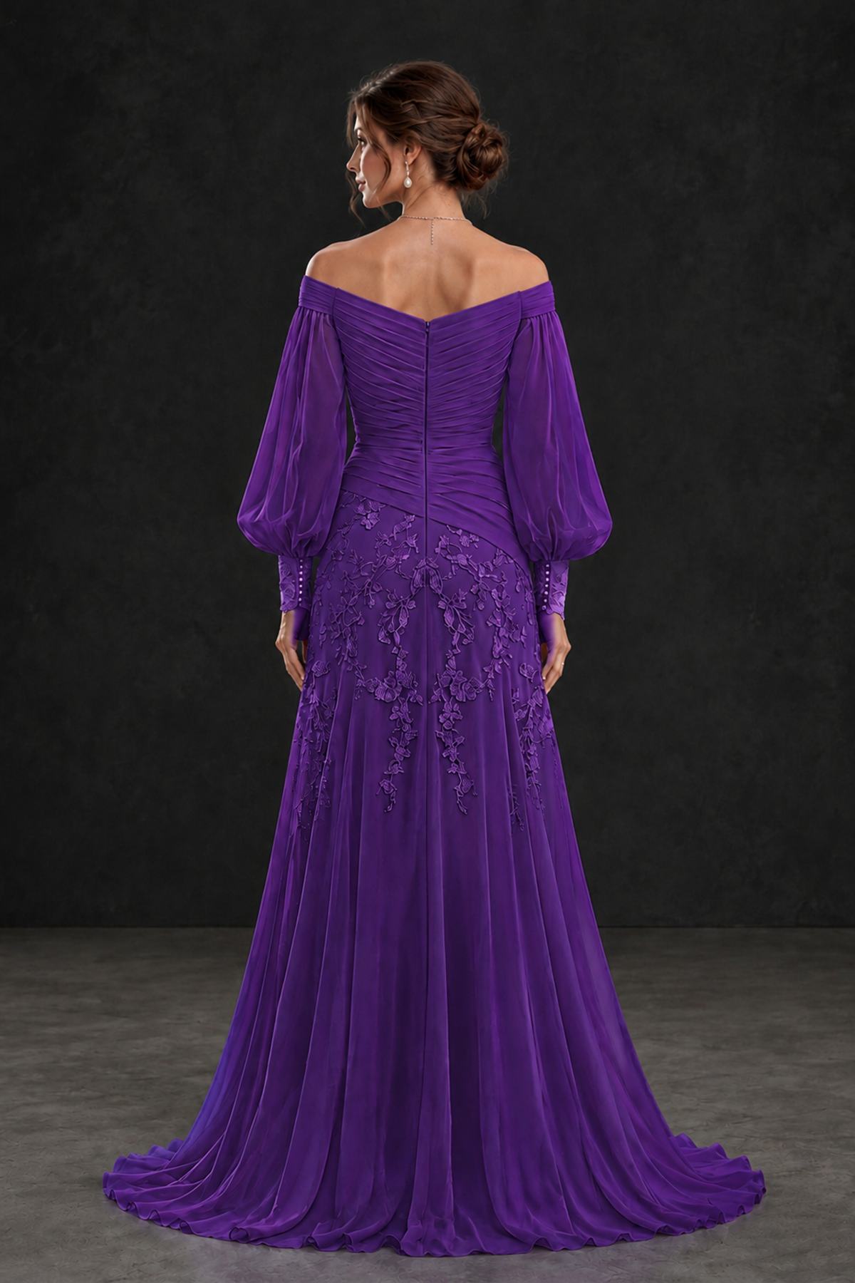 BOLODOO Purple Long Sleeve Mother of the Bride Dress with Floral Appliqués - Purple - Purple (2)