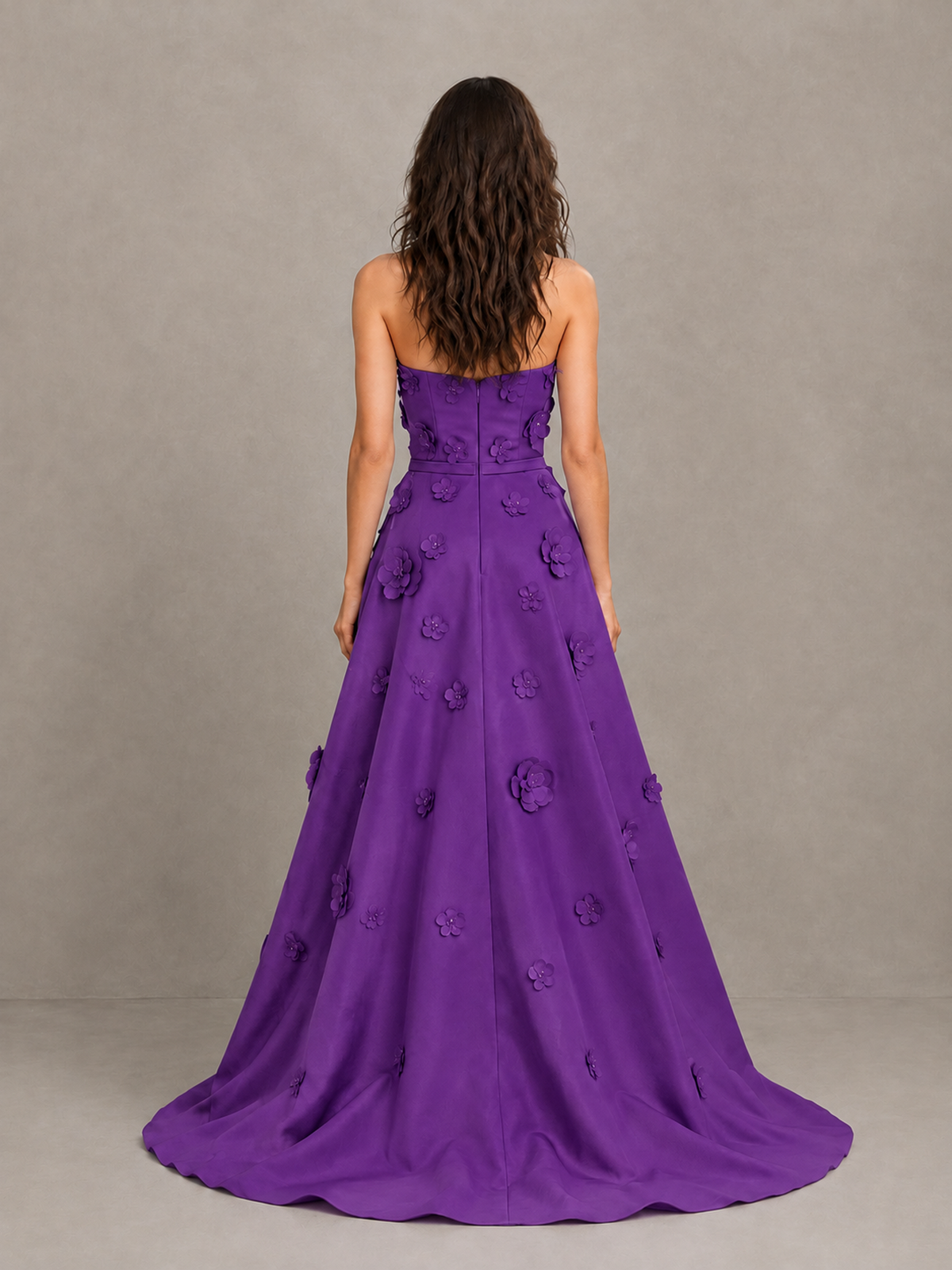 BOLODOO Purple Strapless 3D Floral Applique Prom Gown with Draped Skirt - Purple - Purple (2)