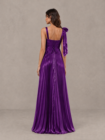 BOLODOO Purple Pleated Bow-Strap Bridesmaid Maxi Dress - Purple - Purple (2)
