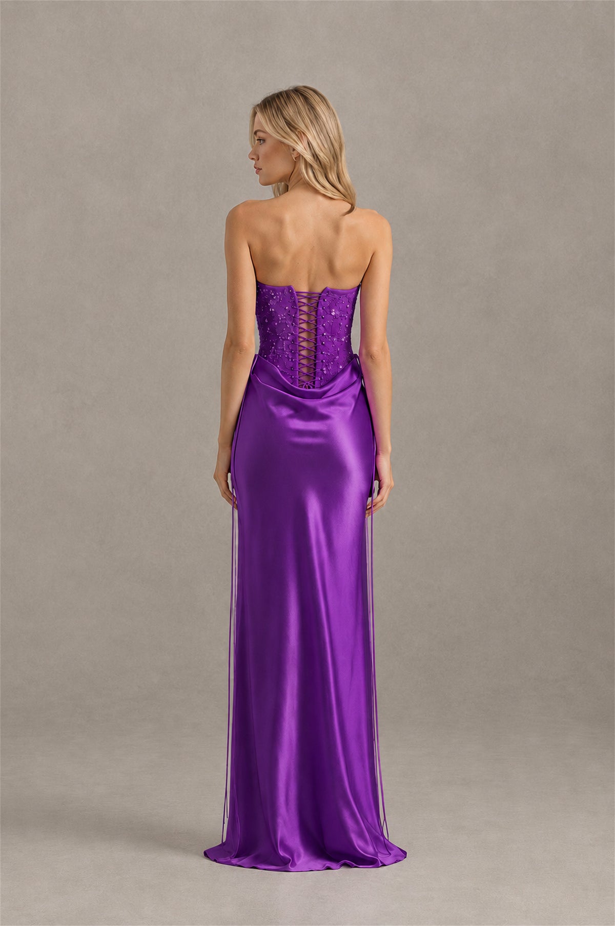 BOLODOO Purple Strapless Embellished Corset Satin-Look Maxi Dress - Purple