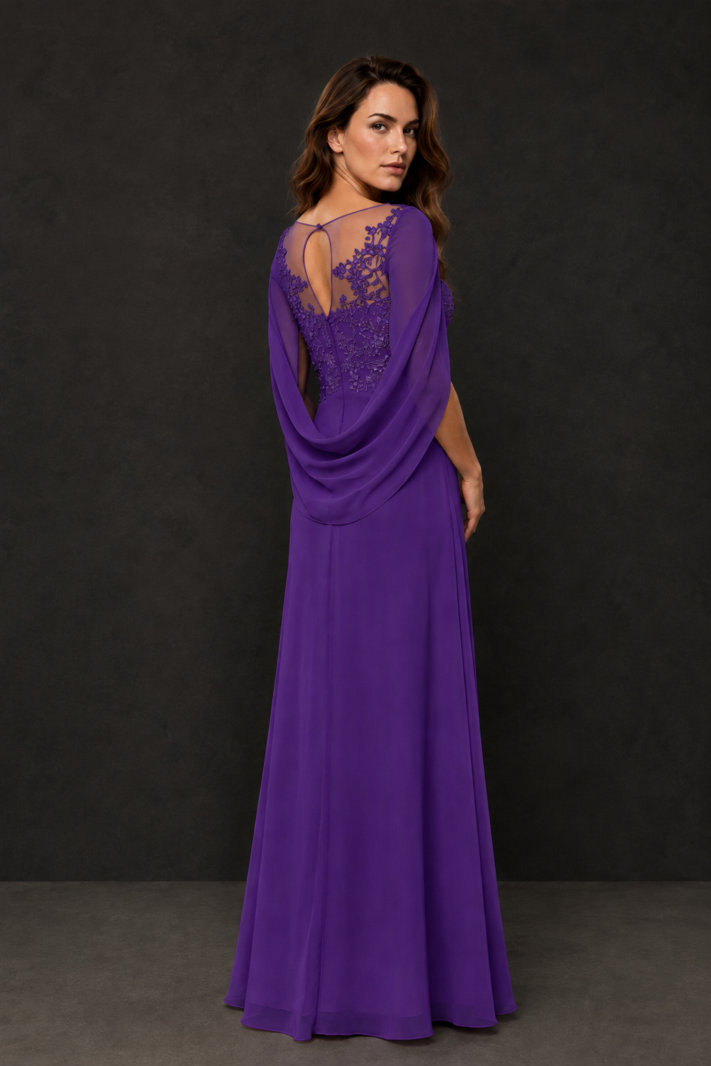 BOLODOO Purple Illusion Lace One-Side Cape Sleeve Beaded Chiffon Floor Length Gown | Mother of the Bride Evening Dress - Purple