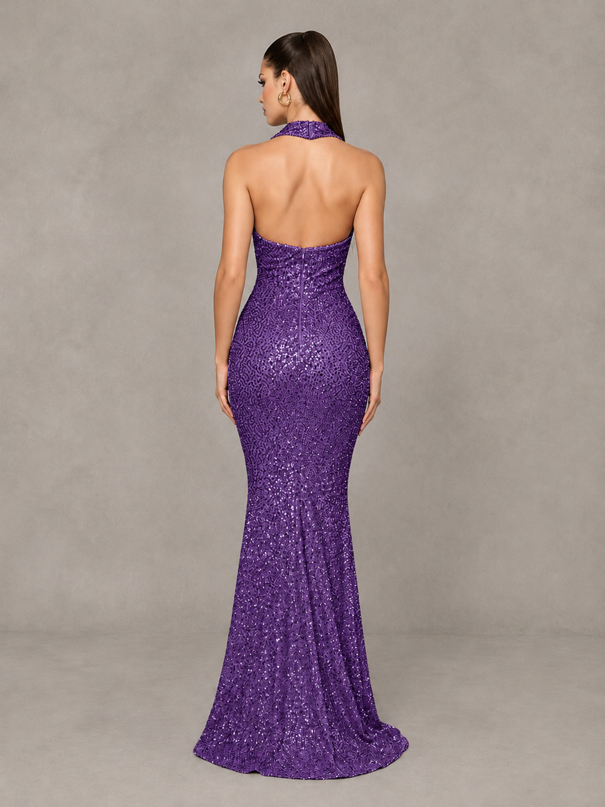 BOLODOO Purple Sequin Halter Mermaid Evening Gown - Purple - Purple (2)