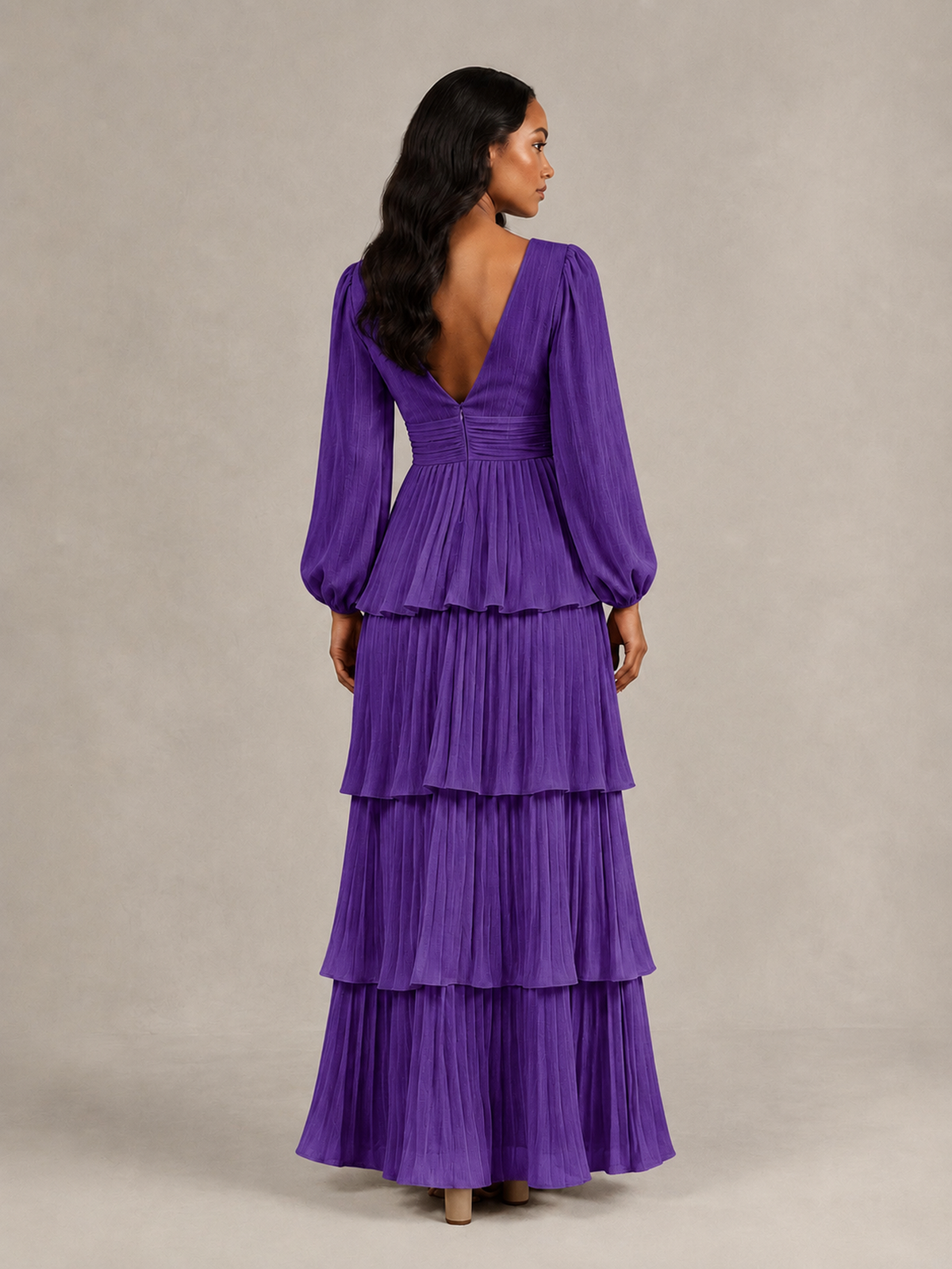 BOLODOO Purple Long-Sleeve Tiered Maxi Dress with Deep V-Neck - Purple
