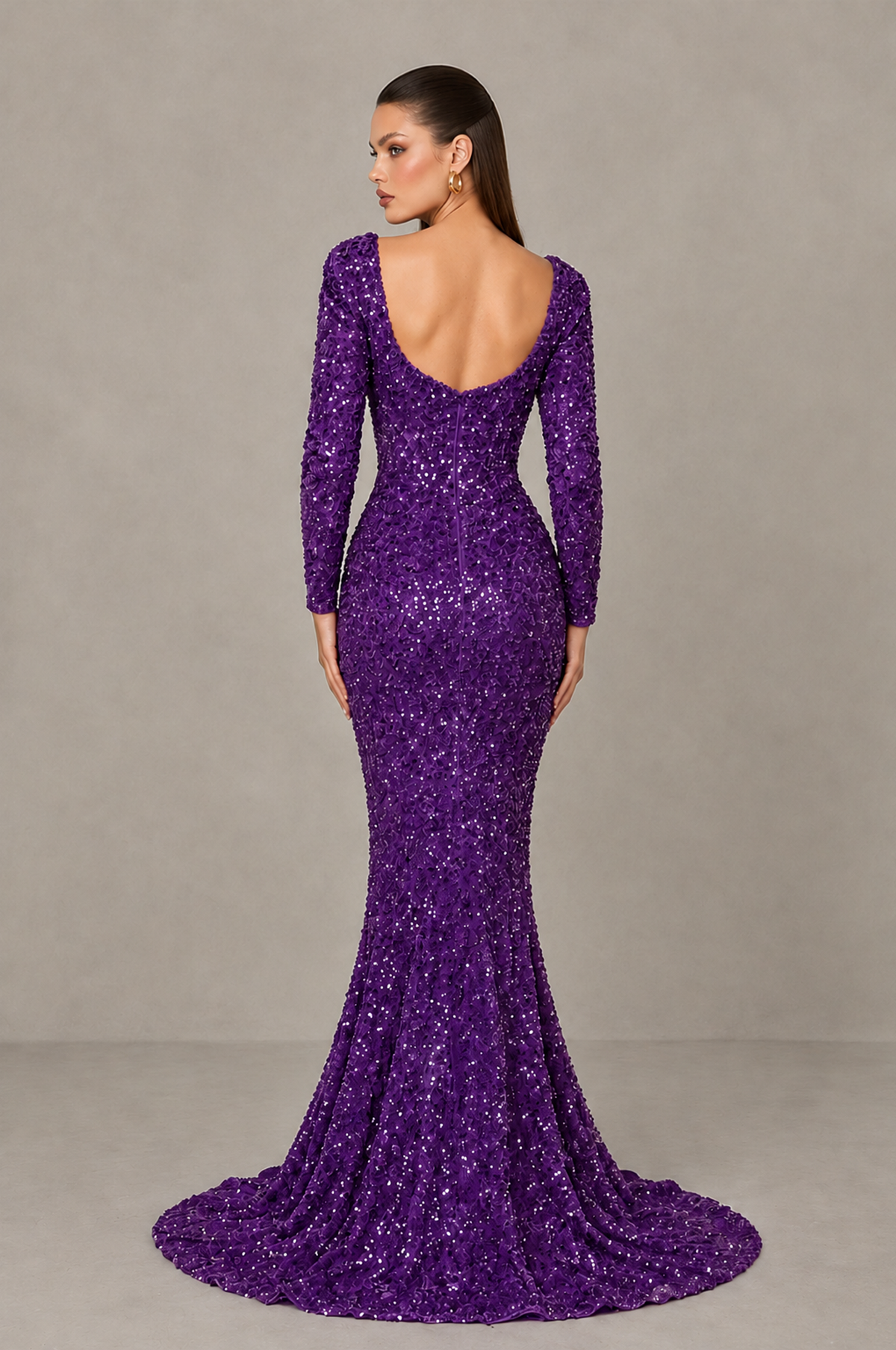 BOLODOO Purple Sequin Long Sleeve Evening Gown with High Slit - Purple - Purple (2)