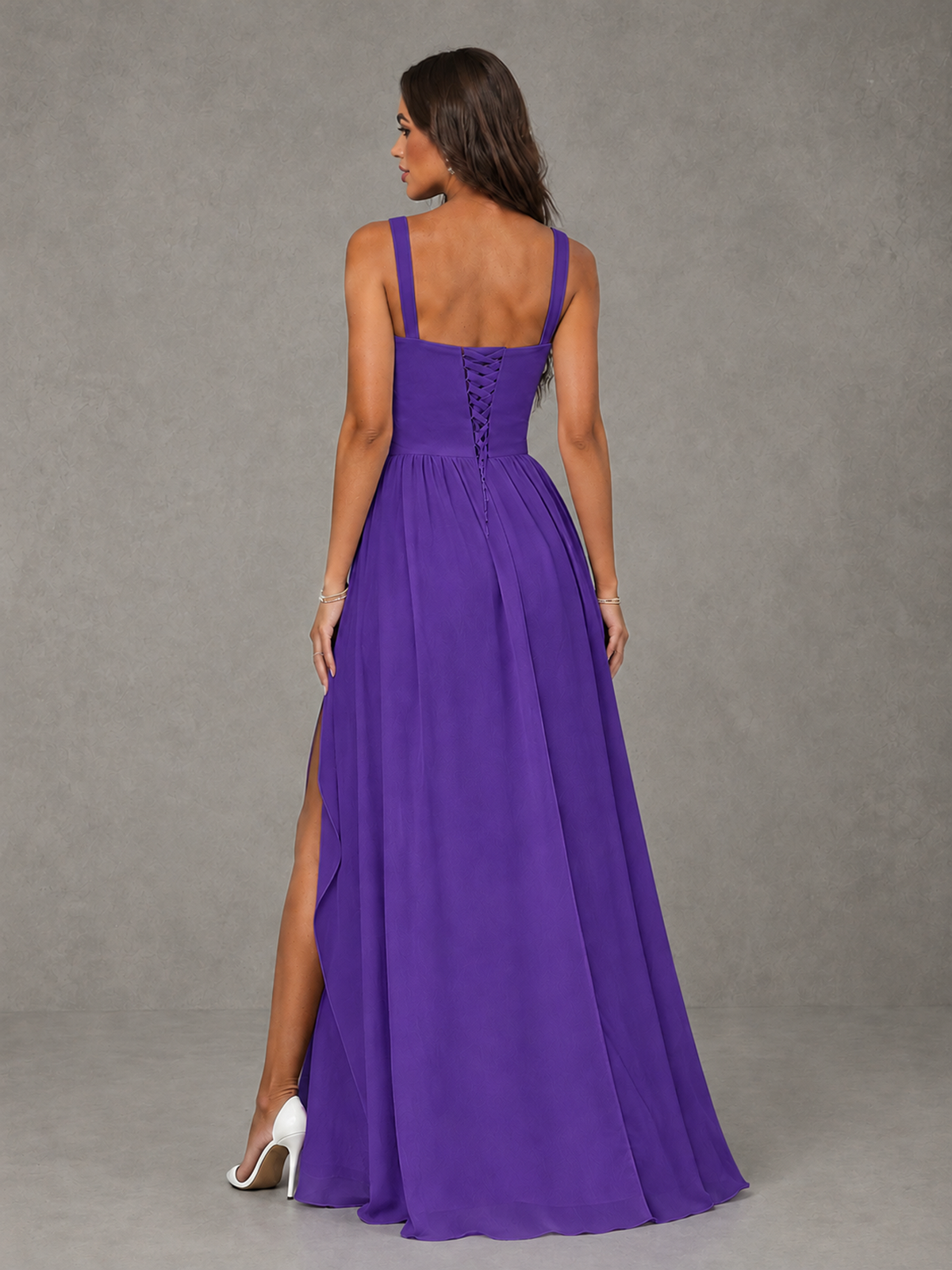 BOLODOO Purple A-Line Bridesmaid Dress with High Slit & Lace-Up Back - Purple - Purple (2)