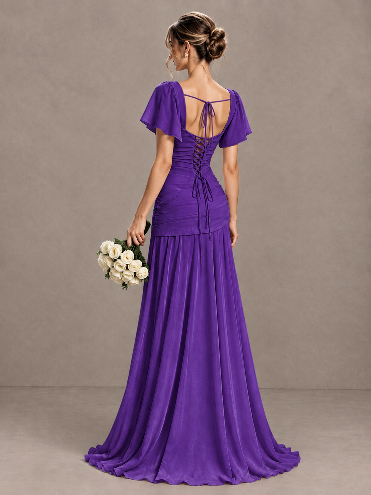 BOLODOO Purple Flutter Sleeve Lace-Up Back Maxi Dress - Purple - Purple (2)