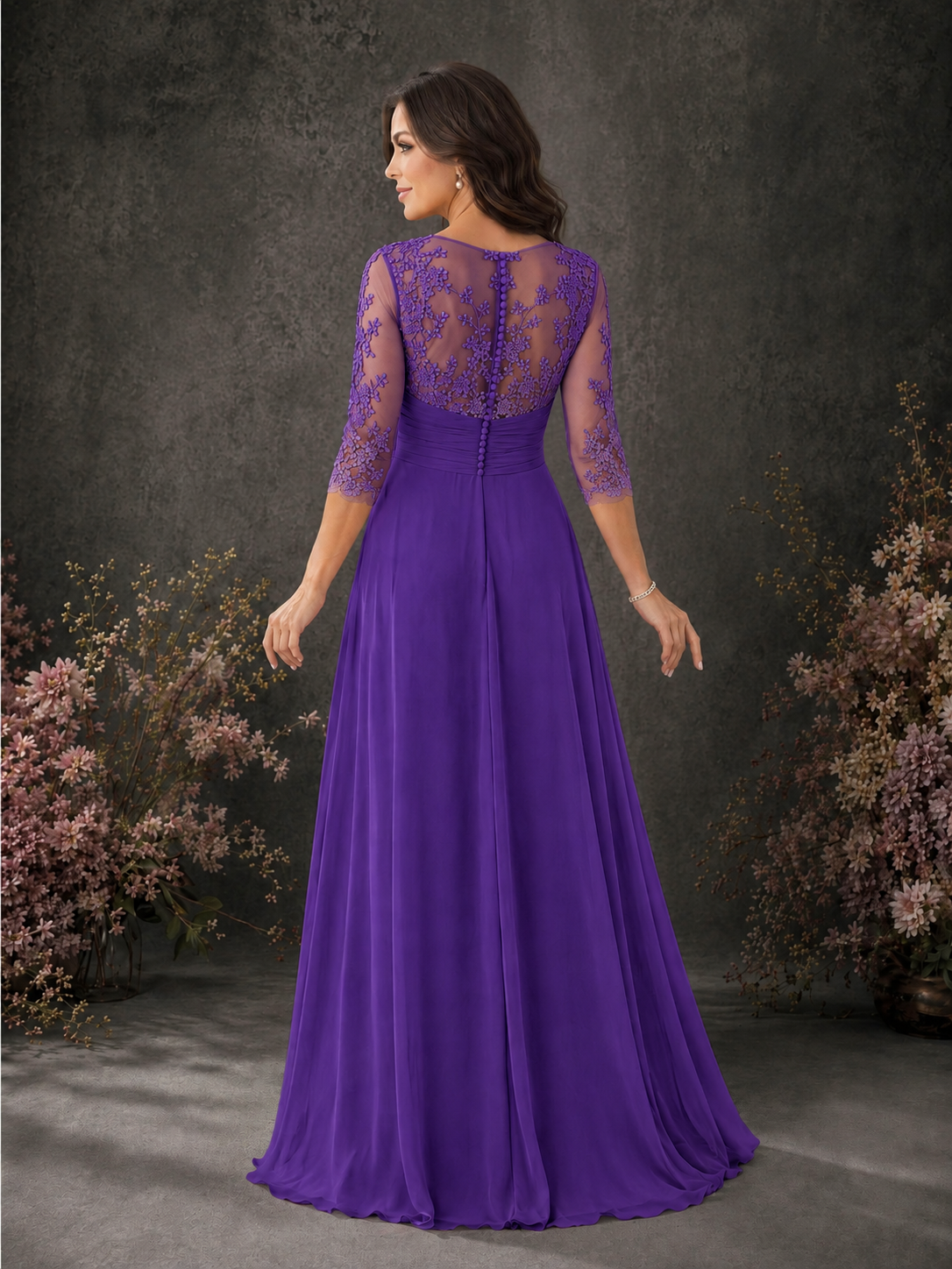 BOLODOO Purple Chiffon Lace Illusion Neckline 3/4 Sleeve Floor Length Formal Gown - Purple