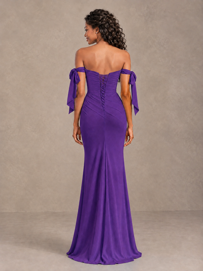 Purple Off-Shoulder Bow Bridesmaid Dress with Slit - Purple - Purple (2)