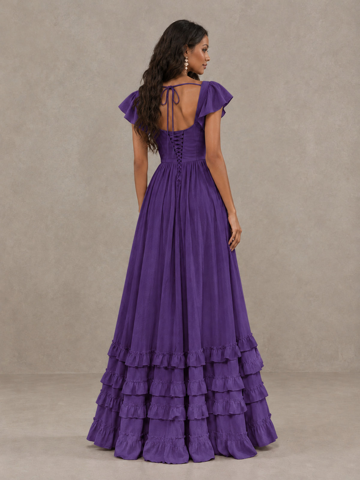 BOLODOO Purple Flutter Sleeve Ruffle Bridesmaid Dress with Slit - Purple - Purple (2)