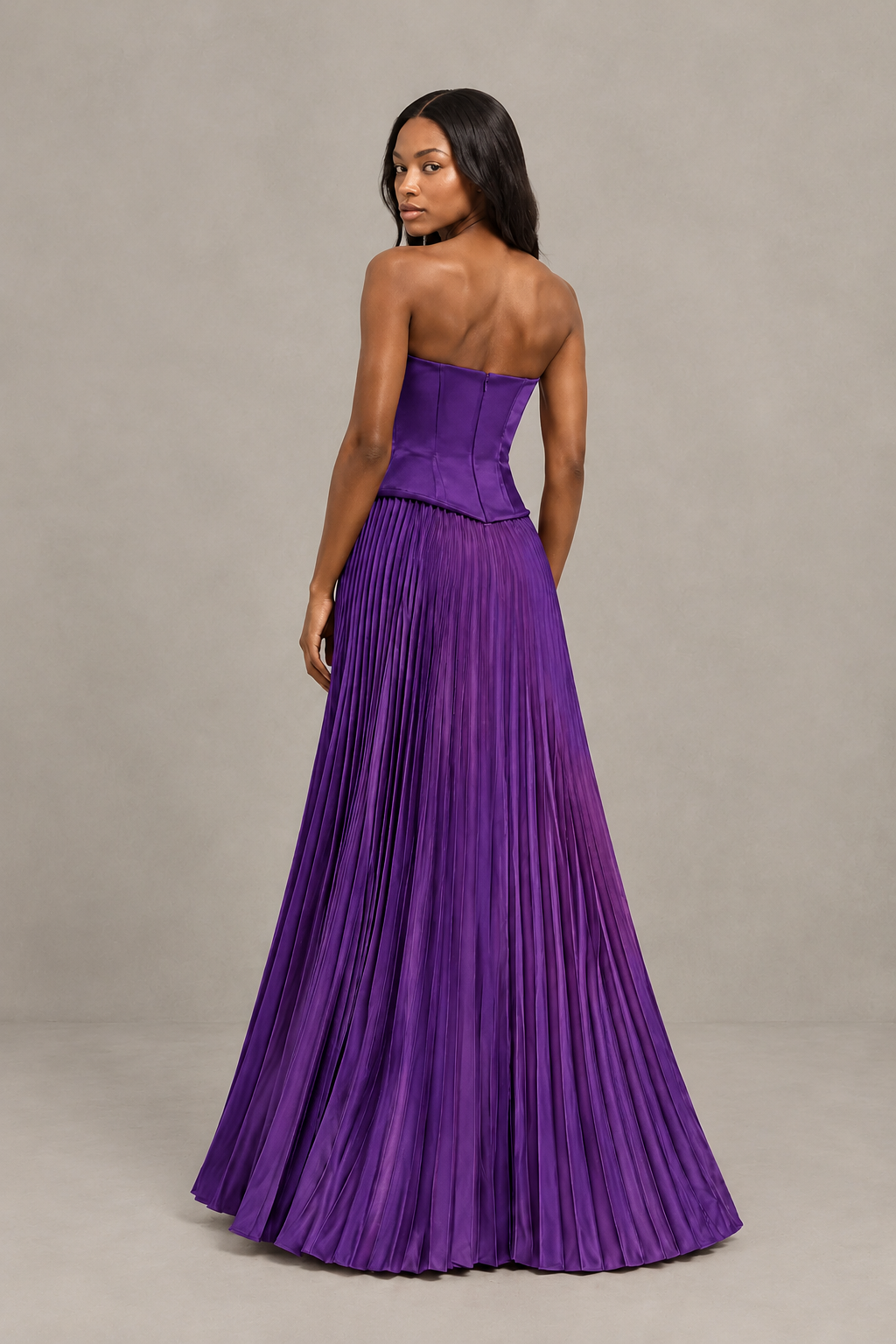 BOLODOO Purple Strapless Pleated Satin Evening Prom Dress - Purple