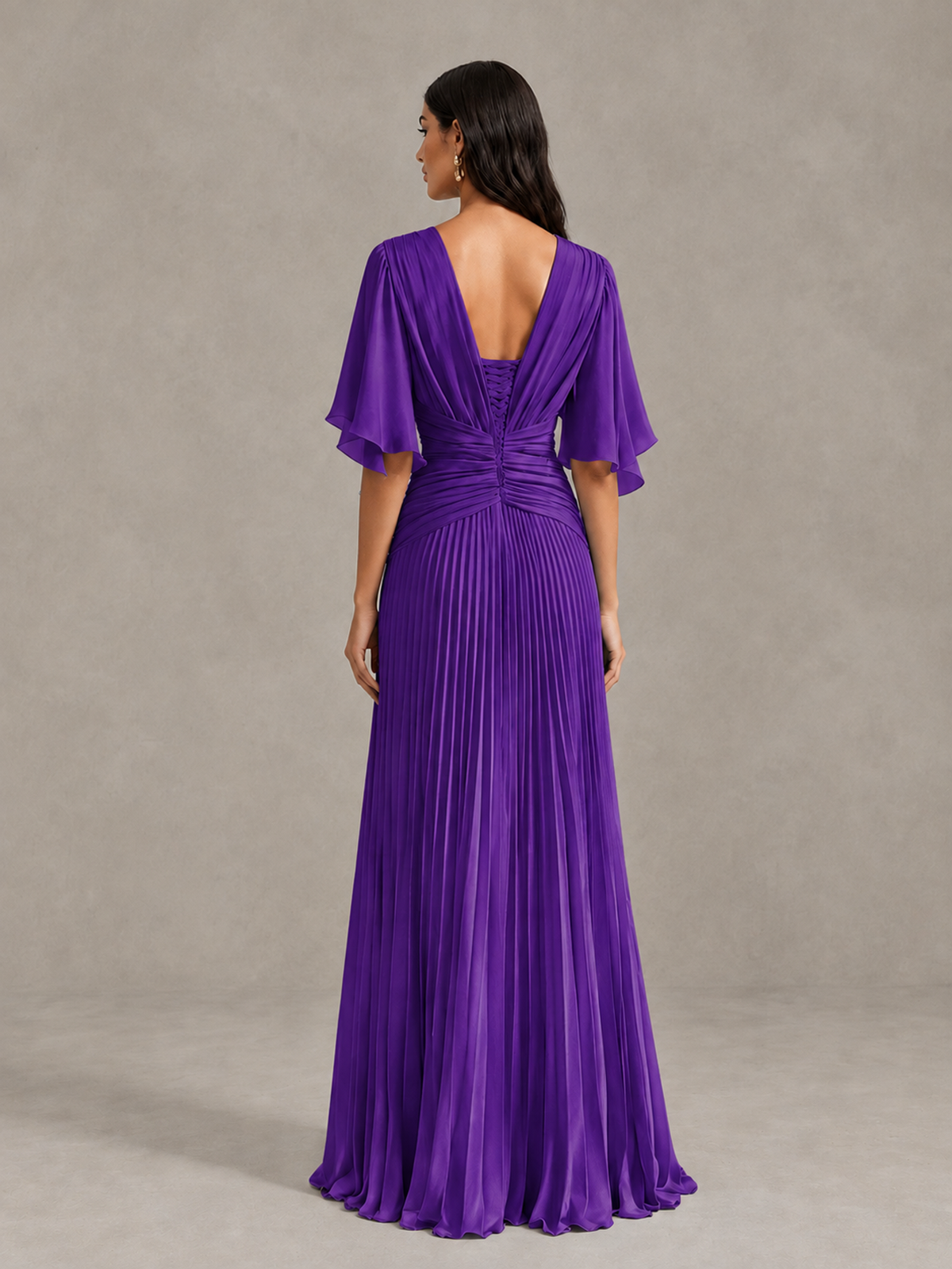 BOLODOO Purple Pleated V-Neck Flutter Sleeve Bridesmaid Dress - Purple - Purple (2)