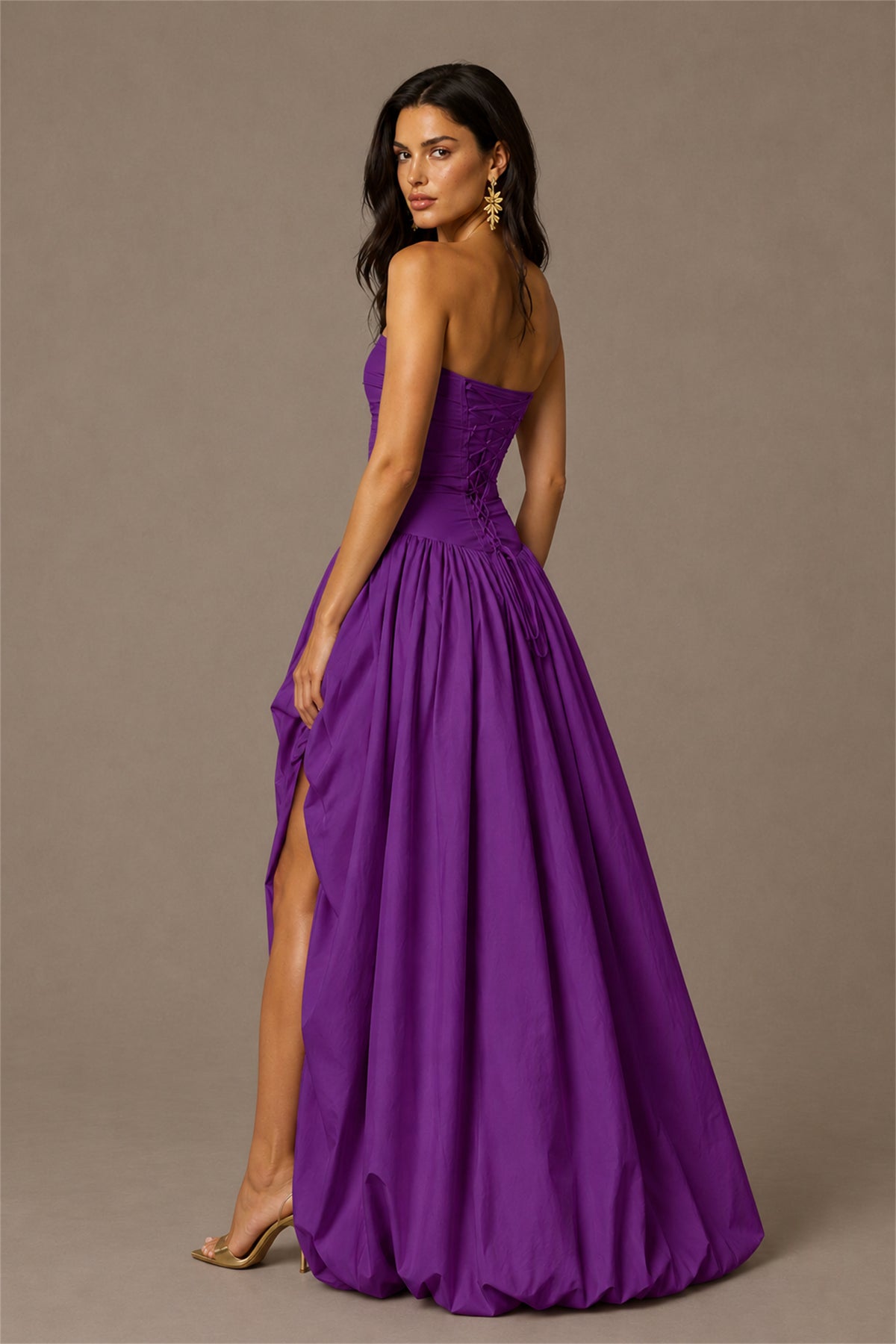 BOLODOO Purple Strapless Ruched Corset Lace-Up Back Bubble Skirt High Slit Taffeta Maxi Dress - Purple