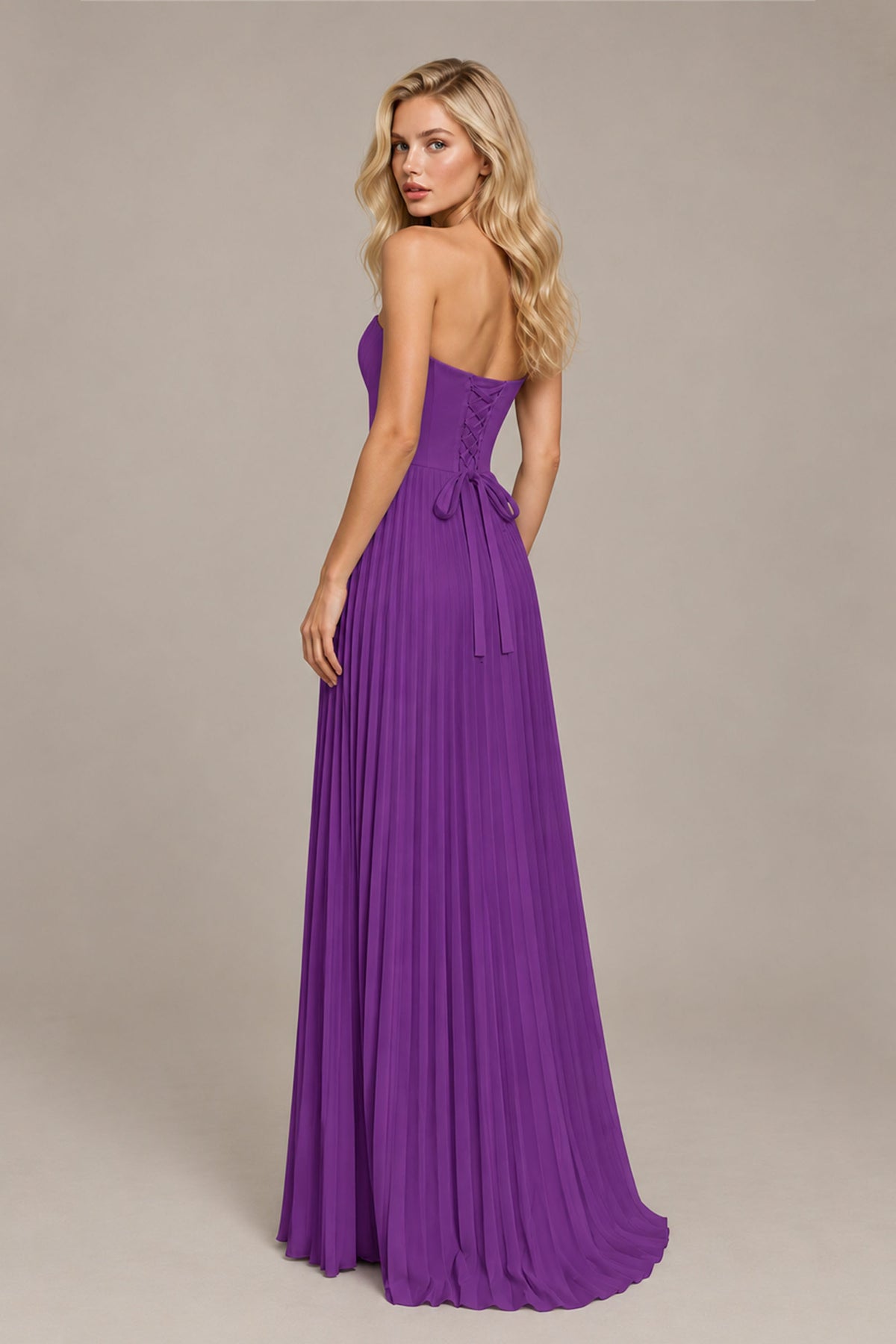 BOLODOO Purple Strapless Sunburst Pleated Twisted Knot Lace-Up Back Accordion Pleated Chiffon Maxi Dress - Purple