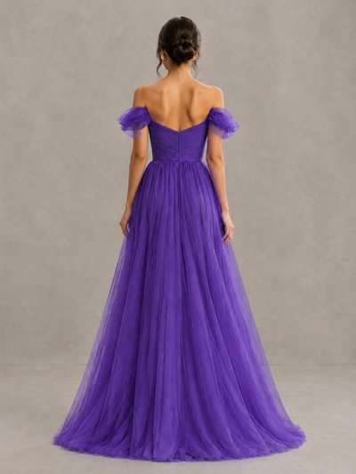 BOLODOO Purple Off-the-Shoulder Ruffle Sleeve A-Line Bridesmaid Dress - Purple - Purple (2)