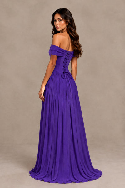 BOLODOO Purple Off-Shoulder Sweetheart Corset Pleated Chiffon Maxi Dress - Purple - Purple (2)