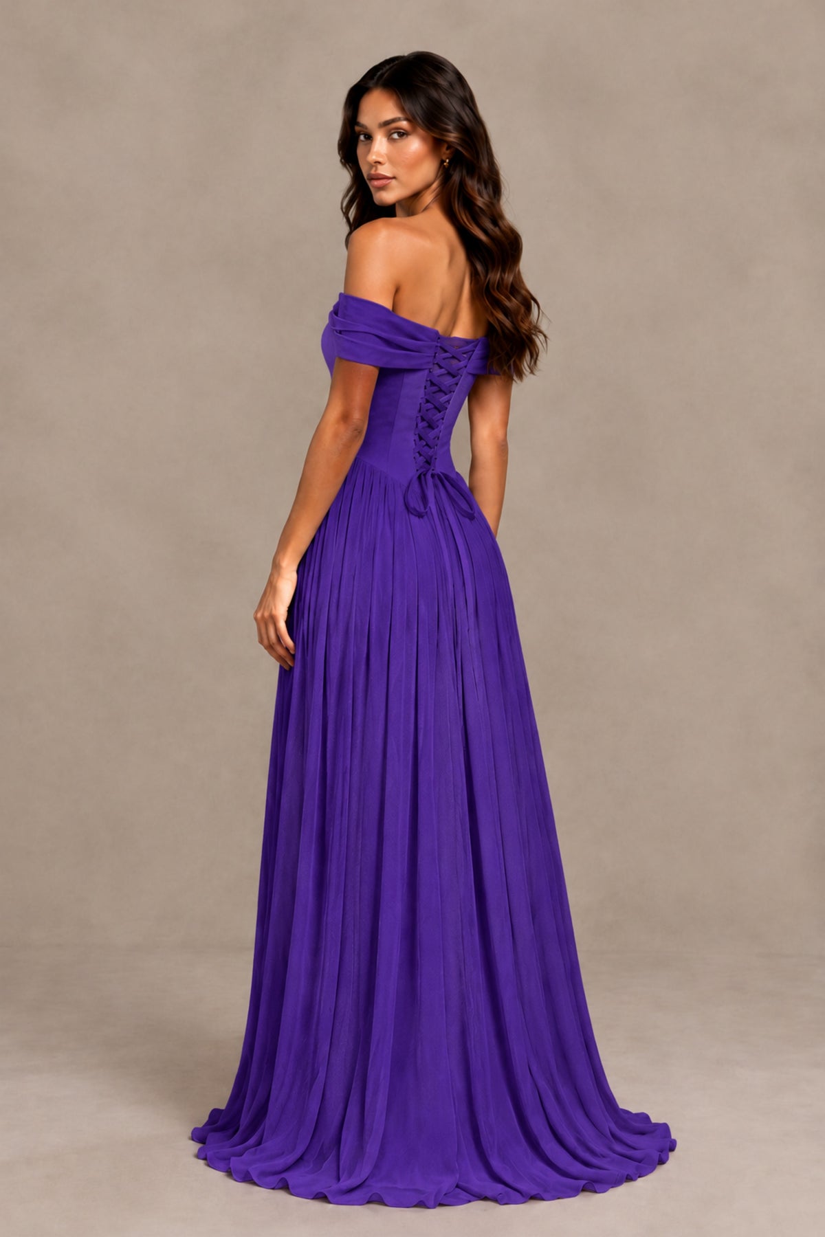BOLODOO Purple Off-Shoulder Sweetheart Corset Pleated Chiffon Maxi Dress - Purple - Purple (2)