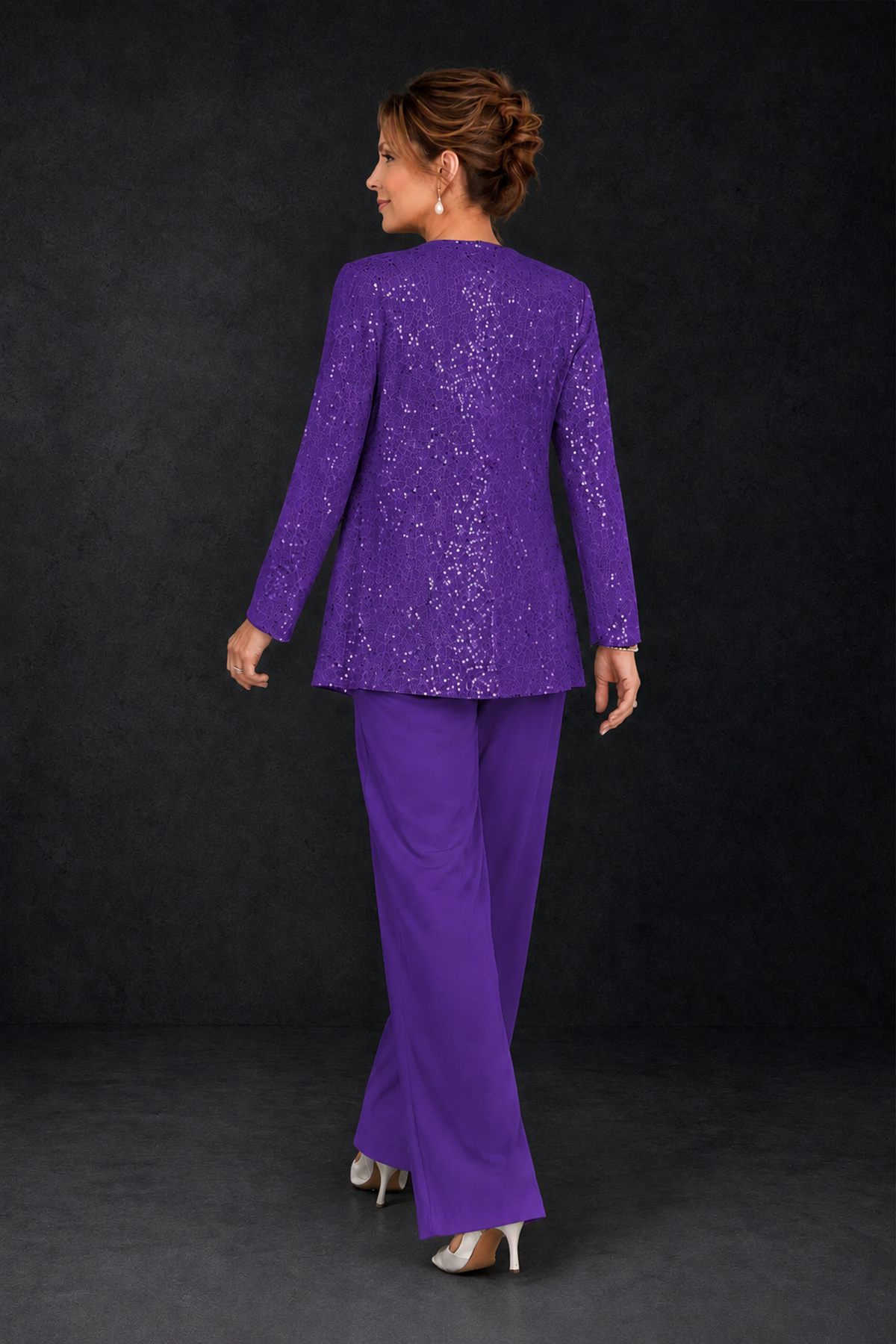 BOLODOO Purple Sequin Lace 3-Piece Pant Suit with Long Sleeve Jacket - Purple - Purple (2)