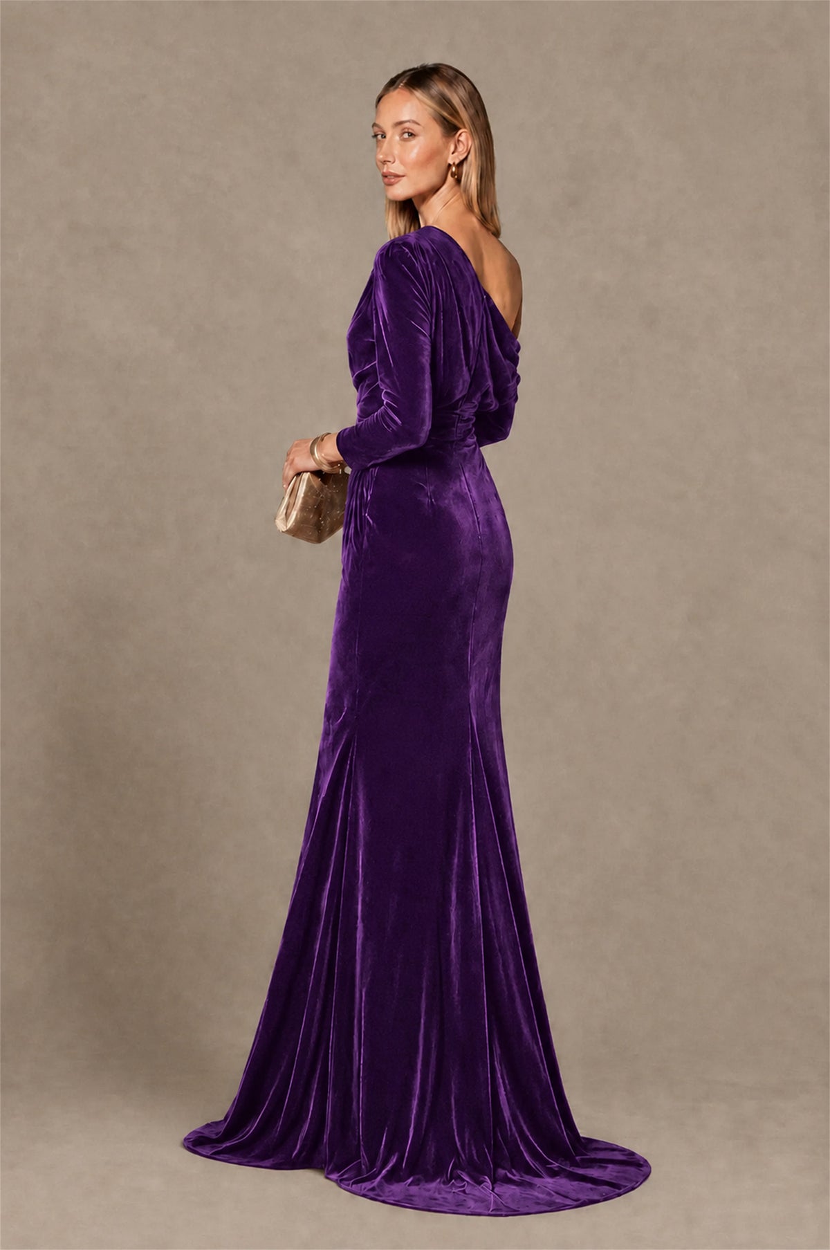 BOLODOO Purple Velvet One-Shoulder Long Sleeve Evening Gown - Purple