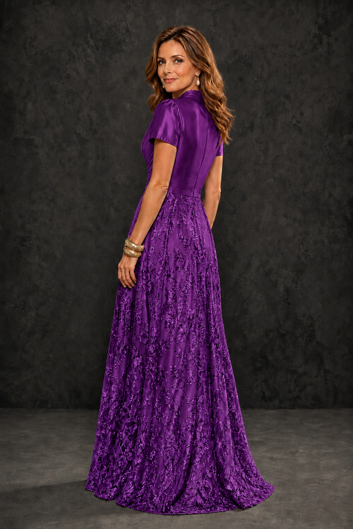 BOLODOO Purple Satin Wrap V-Neck Short Sleeve Lace Glitter A-Line Floor Length Evening Gown – Formal Dress - Purple - Purple (2)