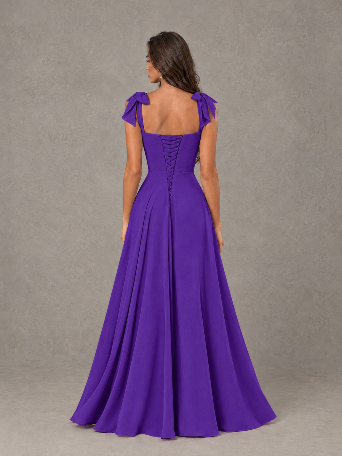BOLODOO Purple Bow-Strap Bridesmaid Dress with Ruffle Slit - Purple - Purple (2)
