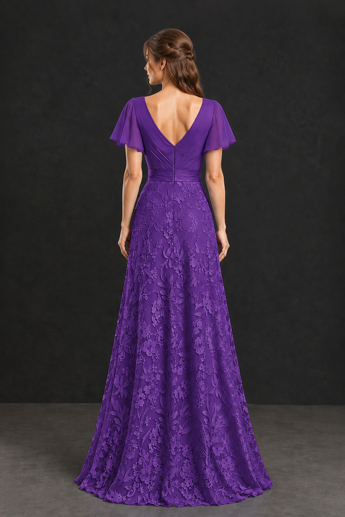 BOLODOO Purple Flutter Sleeve Lace Mother of the Bride Dress - Purple
