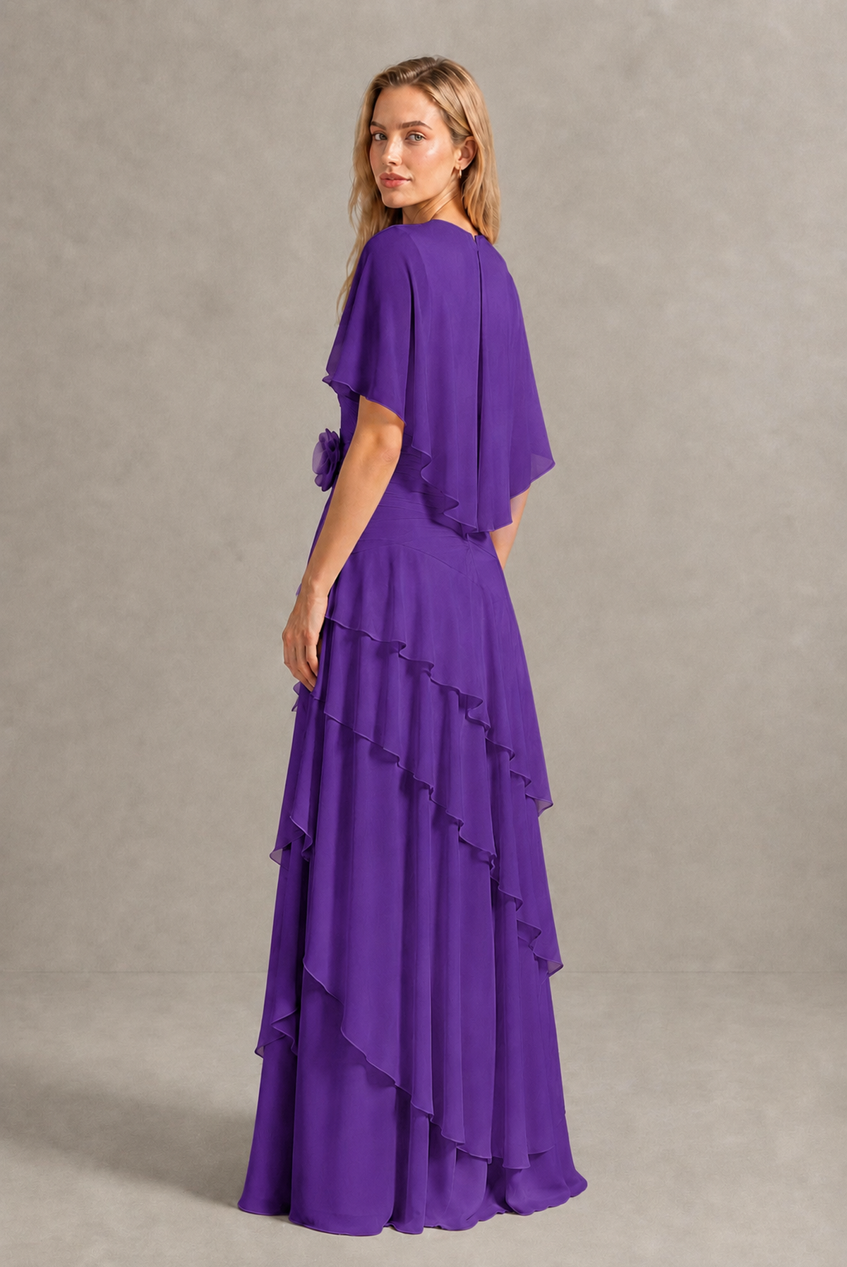 BOLODOO Purple Chiffon Flutter Sleeve Tiered Maxi Dress with 3D Rosette - Purple
