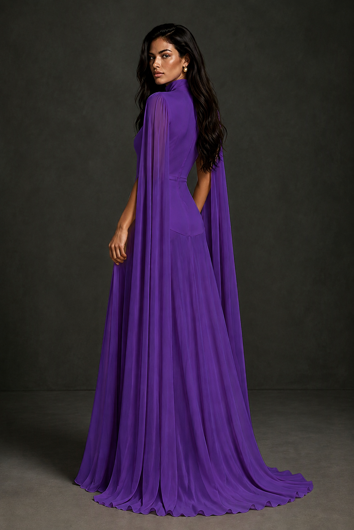 BOLODOO Purple Mock Neck Cape Sleeve A-Line Chiffon Maxi Dress - Purple