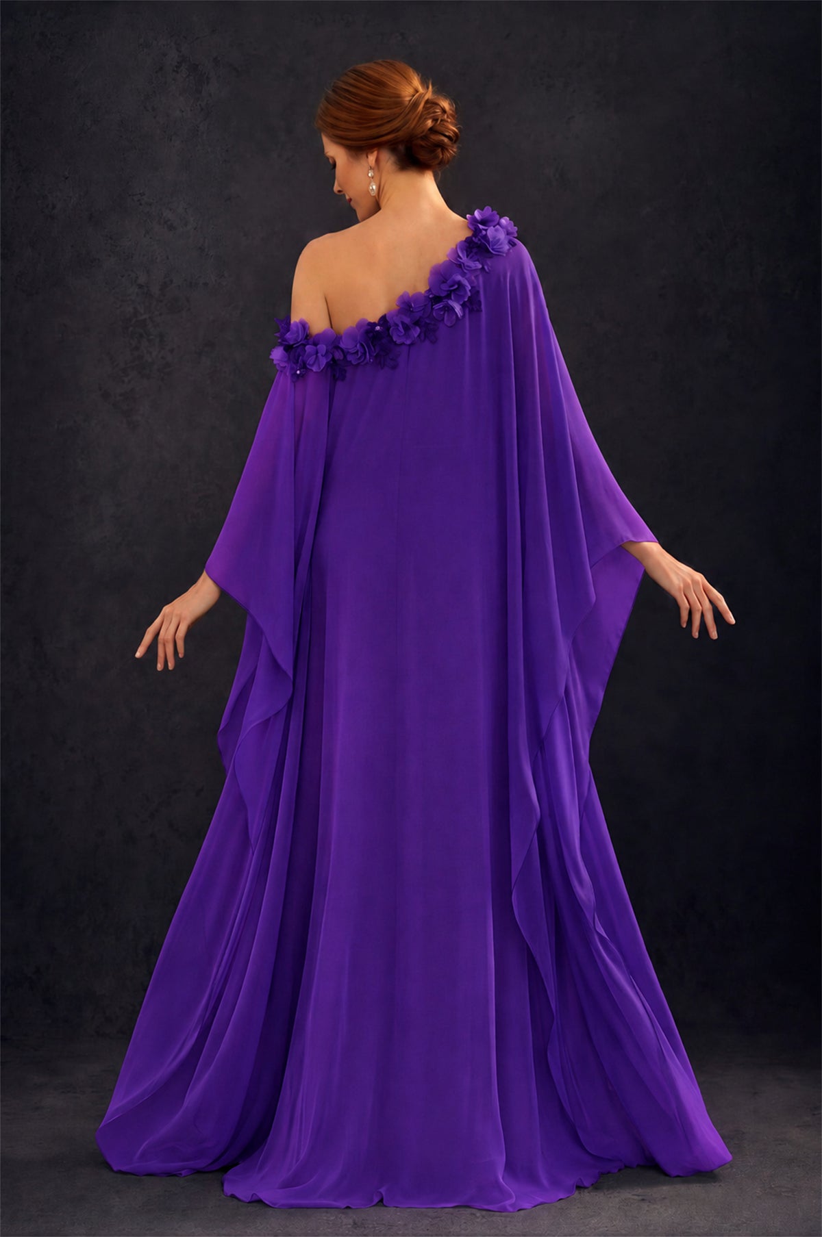 BOLODOO Purple 2-Piece Set: Off-Shoulder 3D Floral Cape Gown & One-Shoulder Wide-Leg Jumpsuit | BD0373 - Purple