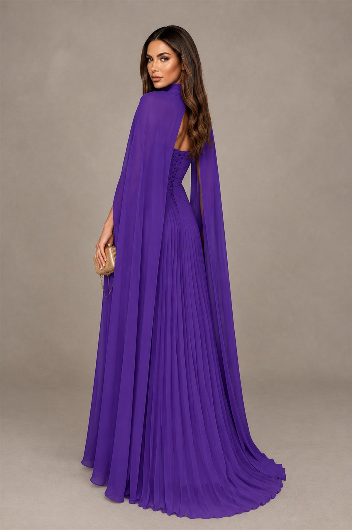 BOLODOO Purple Strapless Crossover Ruched Bodice Detached Turtleneck Cape Lace-Up Back Pleated Chiffon Maxi Dress - Purple