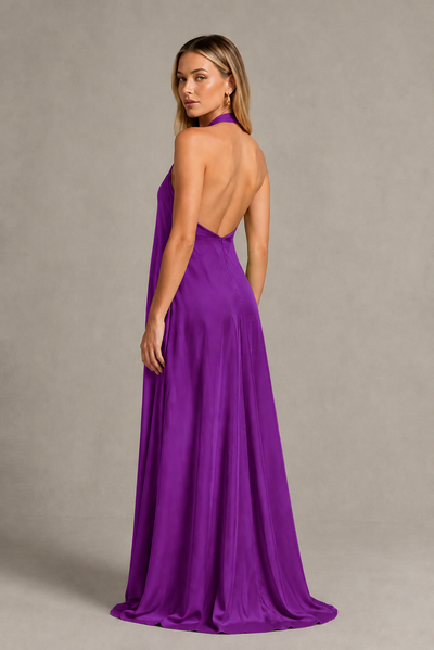 BOLODOO Purple Backless Halter Satin Bridesmaid Dress - Purple
