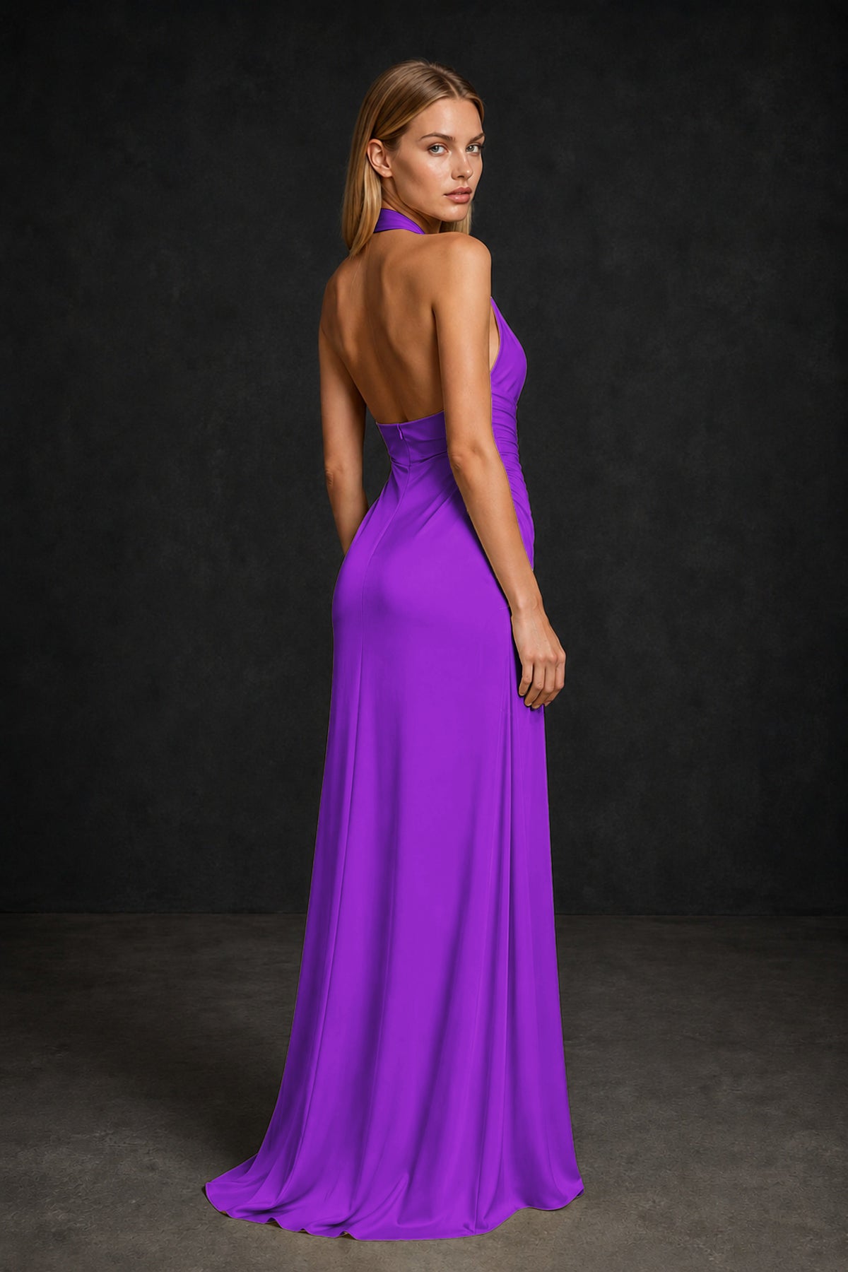 BOLODOO Purple Twisted Halter Neck Ruched Sleeveless Open Back Floor-Length Gown - Purple
