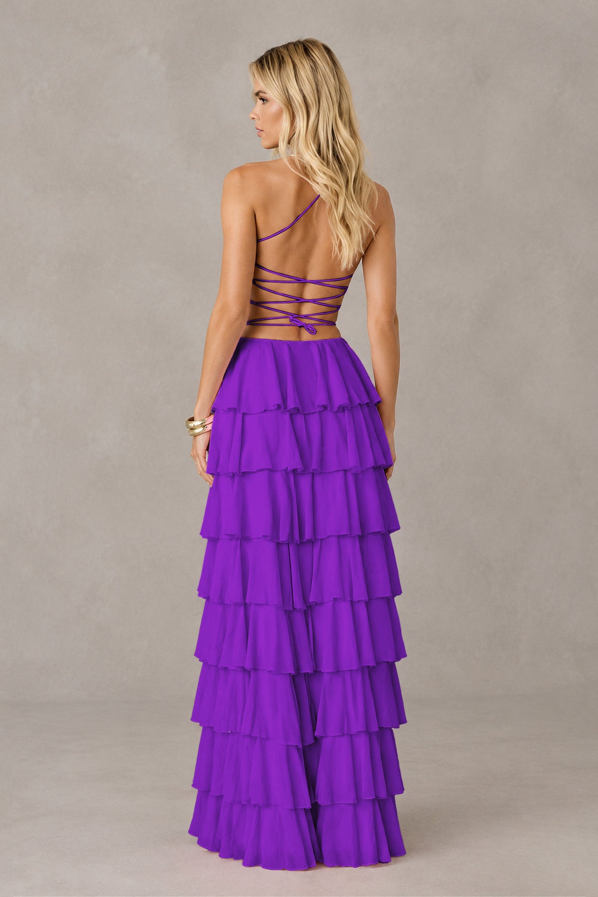 BOLODOO Purple Strapless Tiered Ruffle Maxi Dress with Slit & Lace-Up Back - Purple