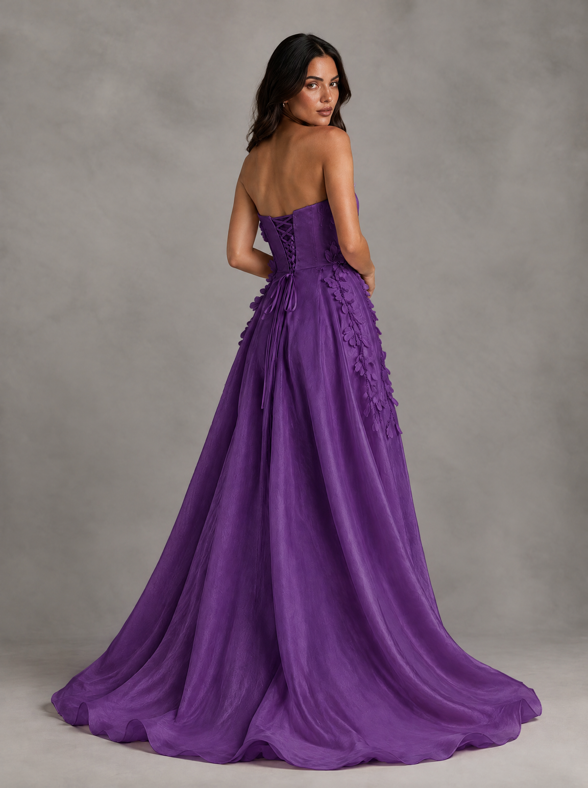 BOLODOO Purple Strapless Floral Applique Prom Dress with Overskirt - Purple - Purple (2)