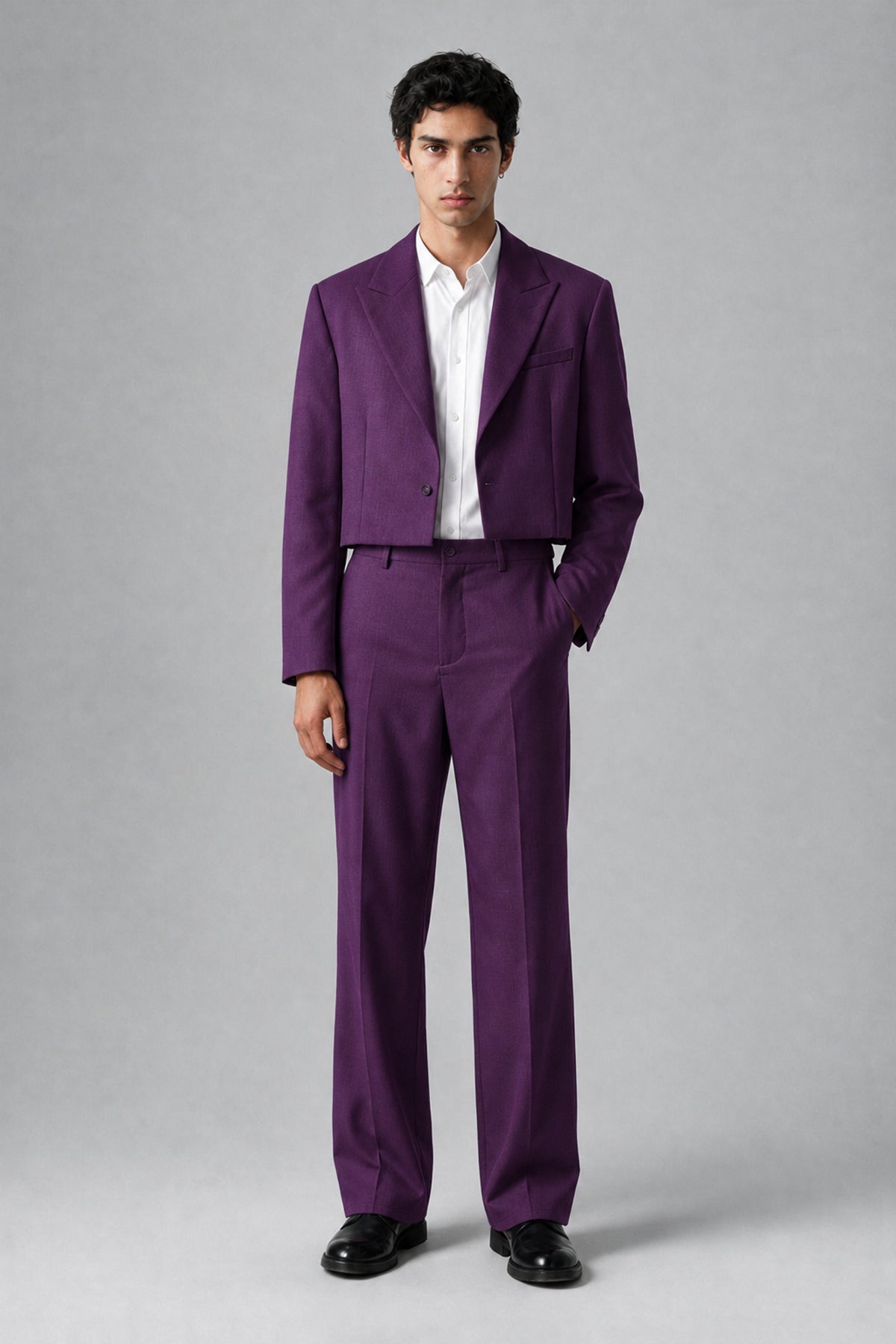 Bolodoo Men's Purple Cropped Blazer & Wide-Leg Trousers 2-Piece Suit - Purple - Purple (2)
