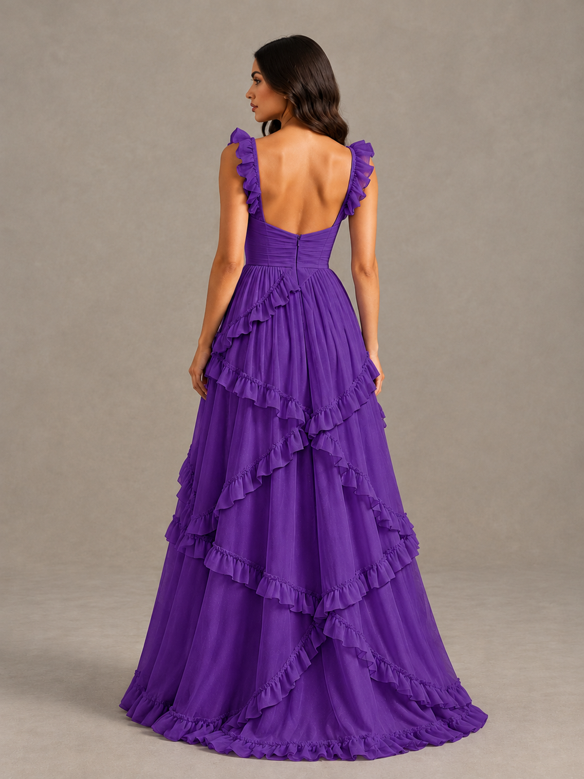 BOLODOO Purple Ruffle A-Line Prom Dress with Open Back - Purple - Purple (2)
