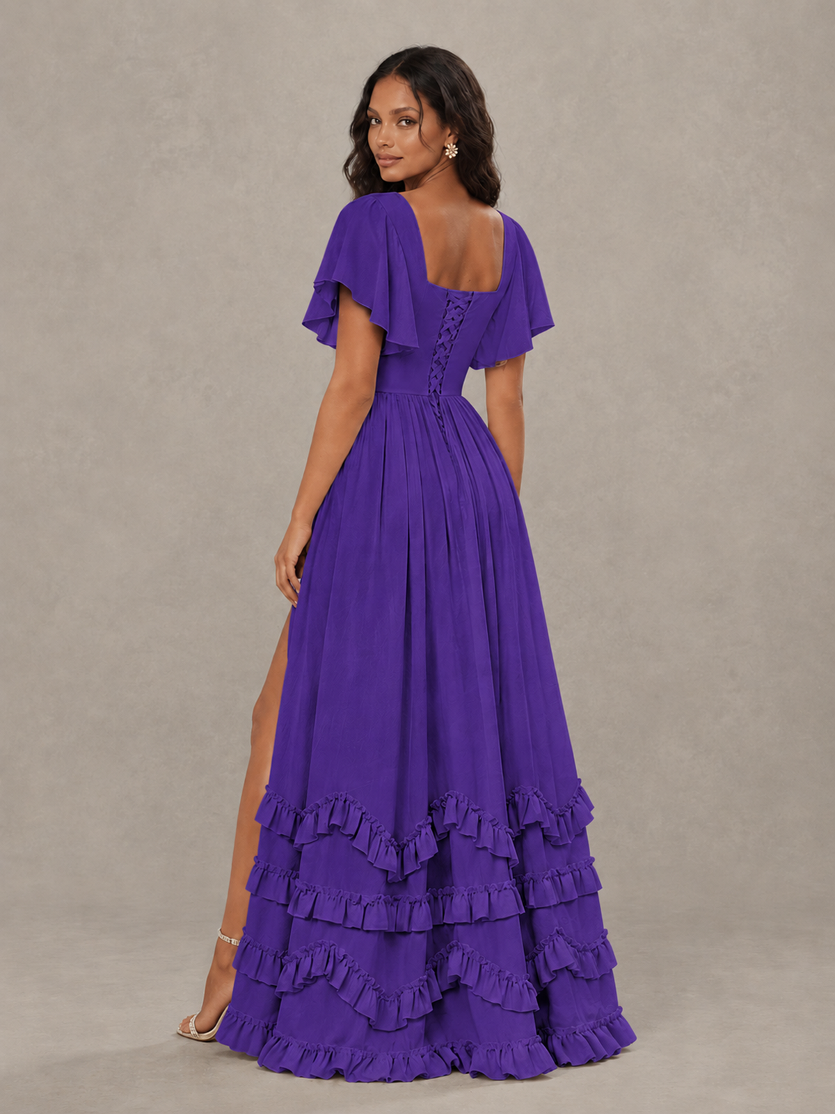 BOLODOO Purple V-Neck Flutter Sleeve Ruffle Bridesmaid Dress with Slit - Purple - Purple (2)
