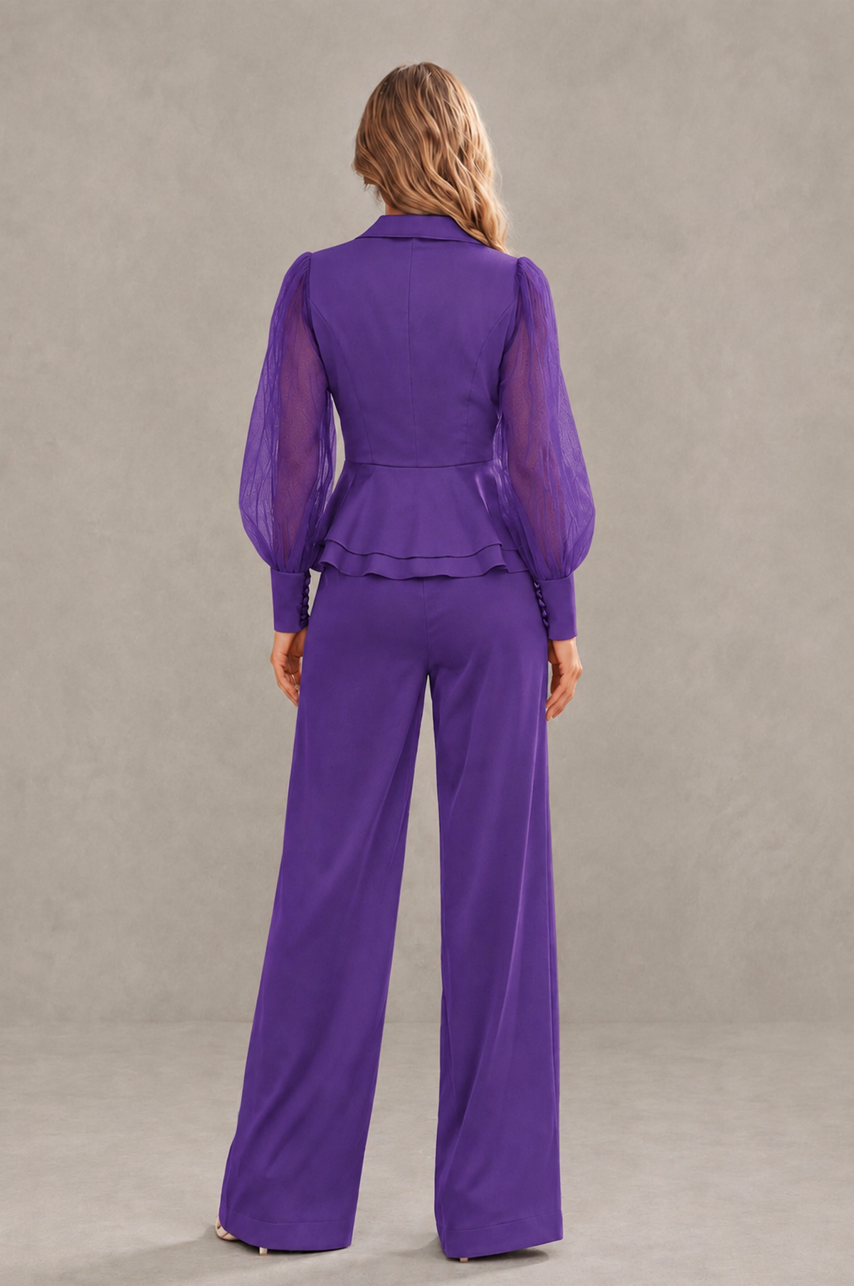 BOLODOO Mint Purple Peplum Blazer Wide-Leg Pantsuit with Sheer Puff Sleeves - Purple