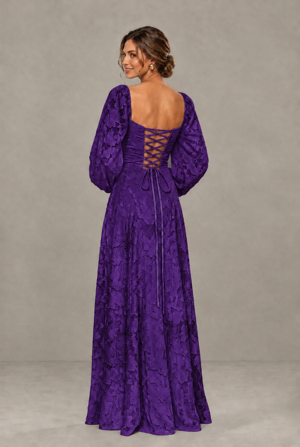BOLODOO Floral Purple Long Sleeve A-Line Dress with Lace-Up Back - Purple