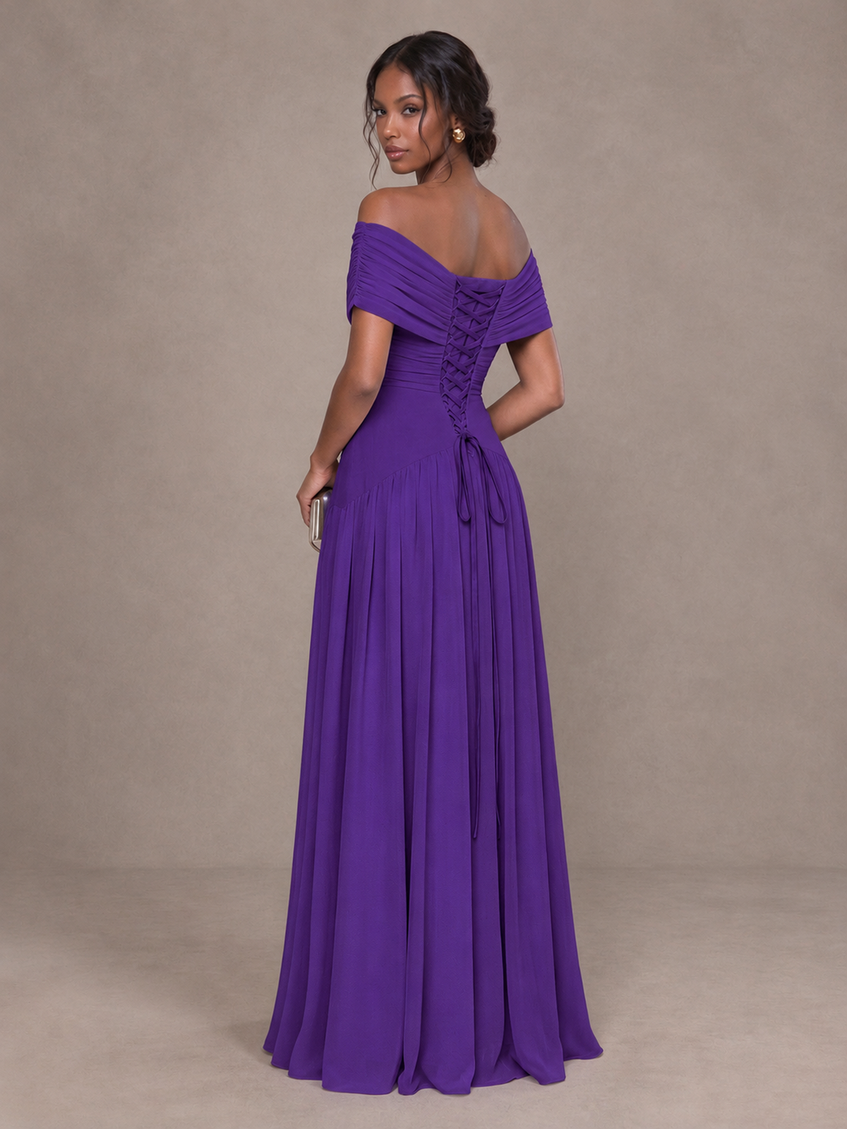 BOLODOO Purple Off-Shoulder Ruched A-Line Bridesmaid Dress - Purple - Purple (2)