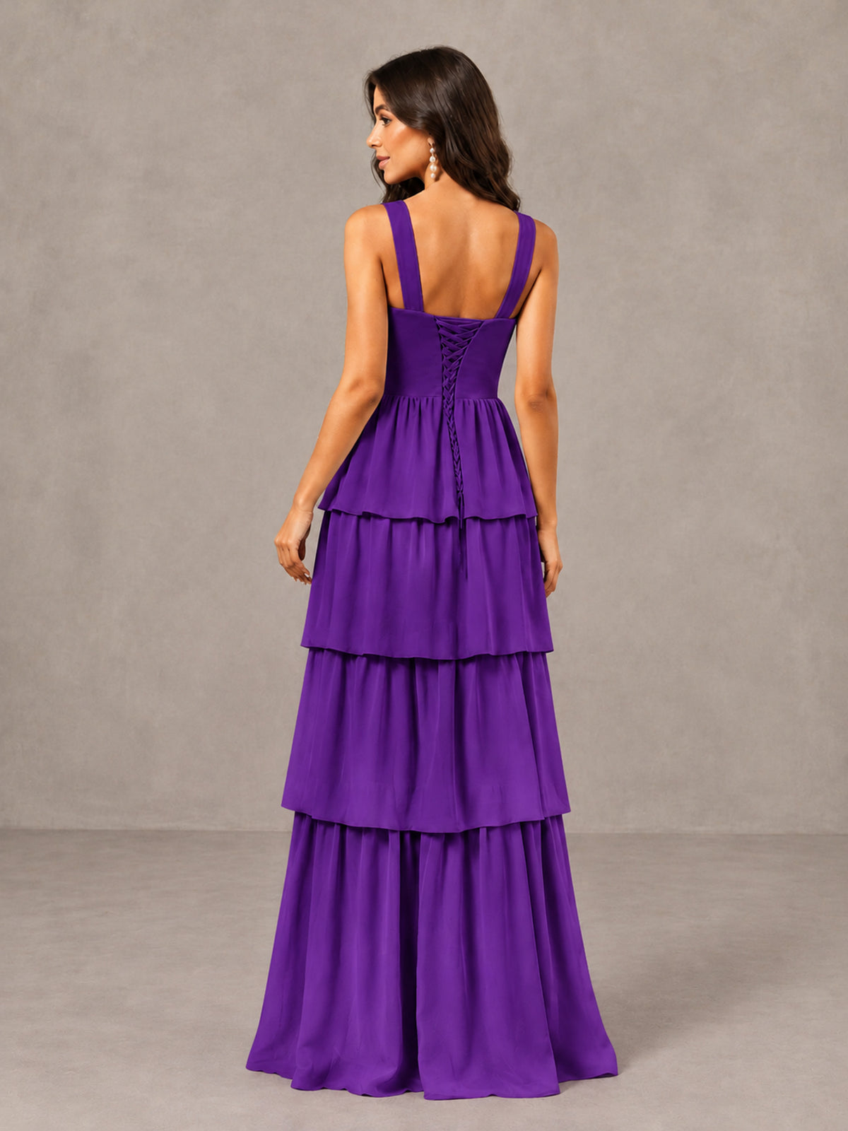 BOLODOO Purple Square Neck Tiered Bridesmaid Dress with Slit - Purple - Purple (2)