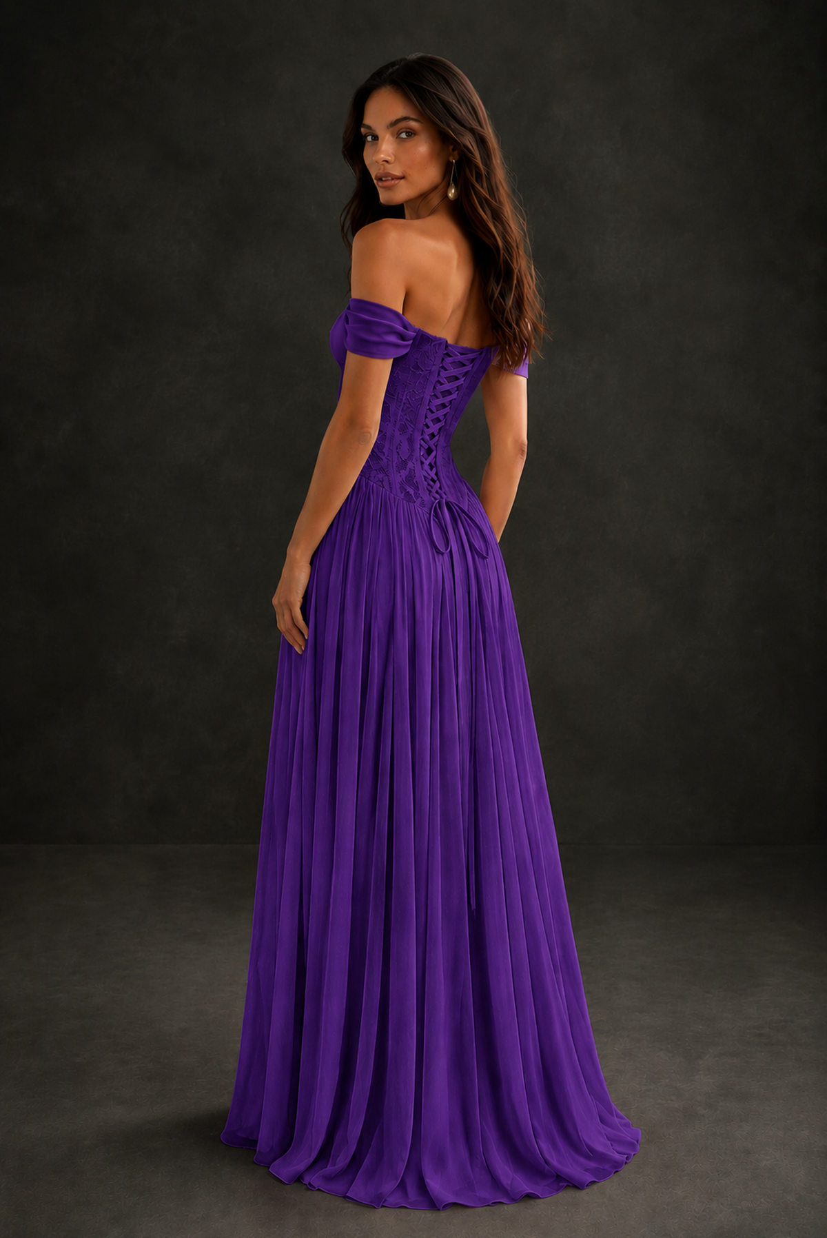 BOLODOO Purple Off-Shoulder Lace Corset Tulle Maxi Dress - Purple