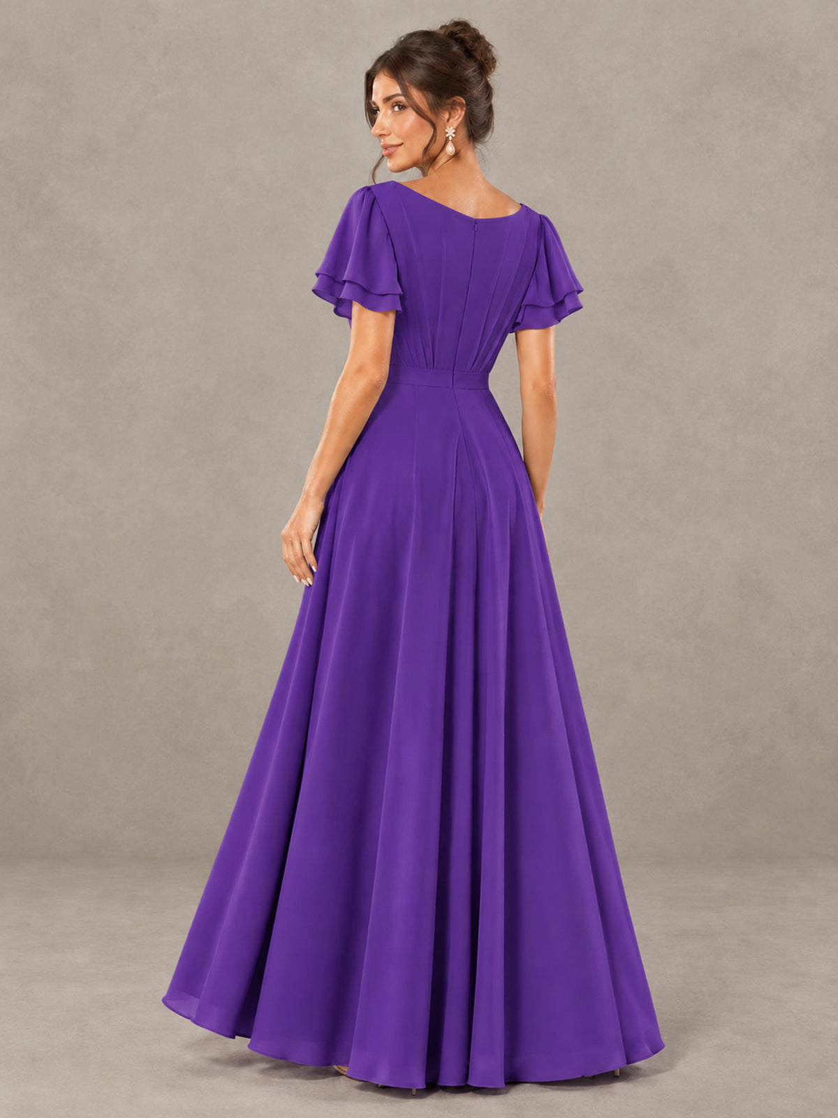 BOLODOO Purple Flutter Sleeve Ruffle Bridesmaid Dress with Slit - Purple - Purple (2)