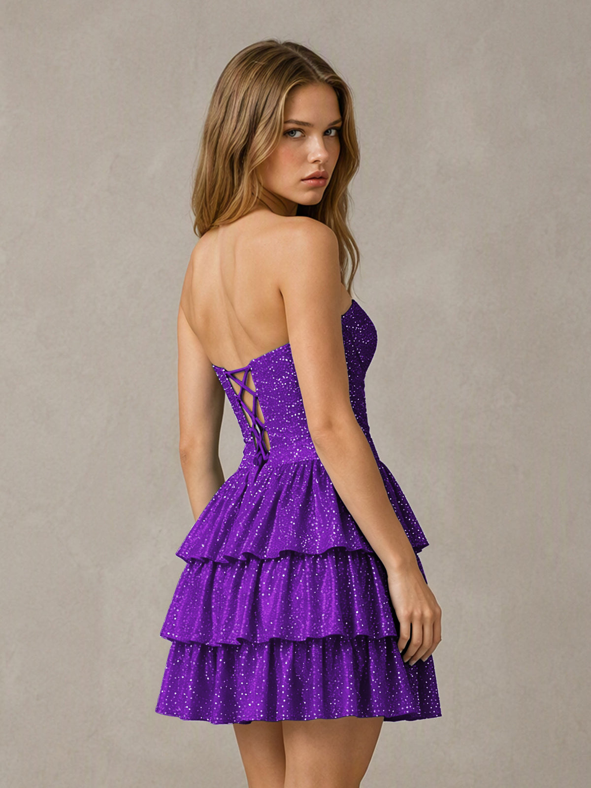 BOLODOO Purple Strapless Sweetheart Cutout Glitter Tiered Ruffle Mini Dress | Lace-Up Back Corset - Purple