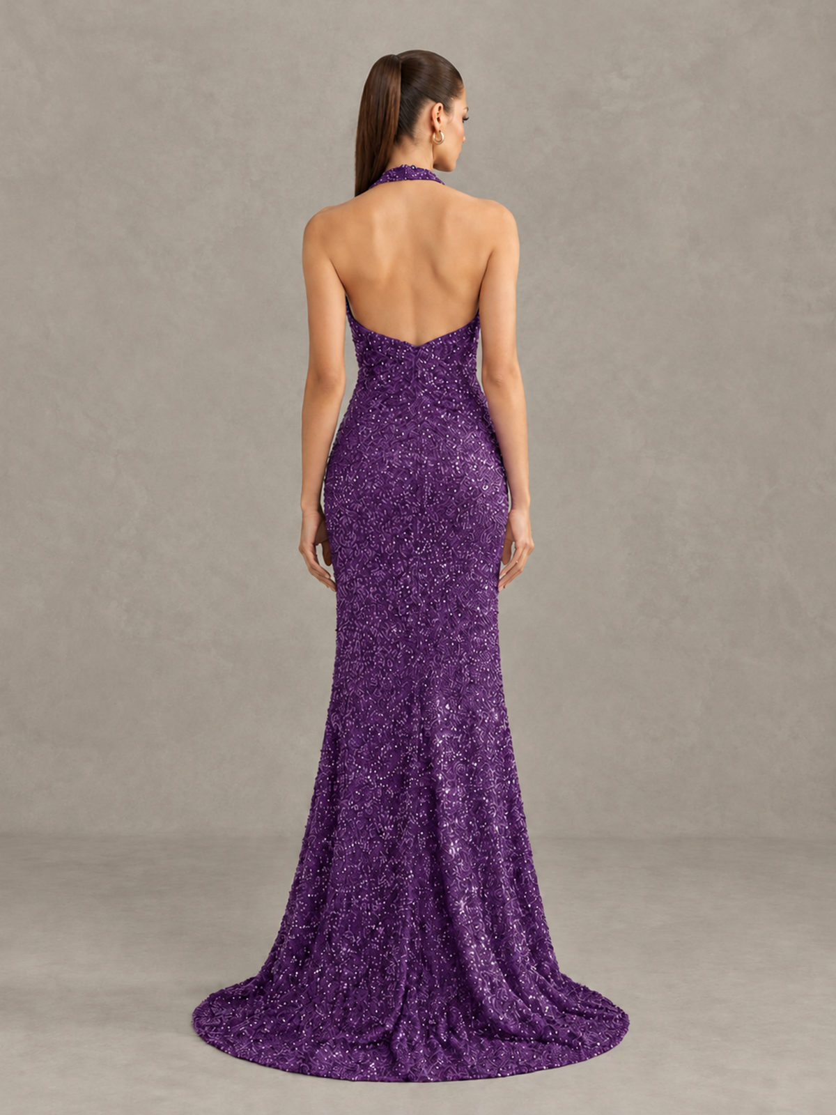 BOLODOO Purple Sequin Halter Open Back Evening Gown with High Slit - Purple - Purple (2)