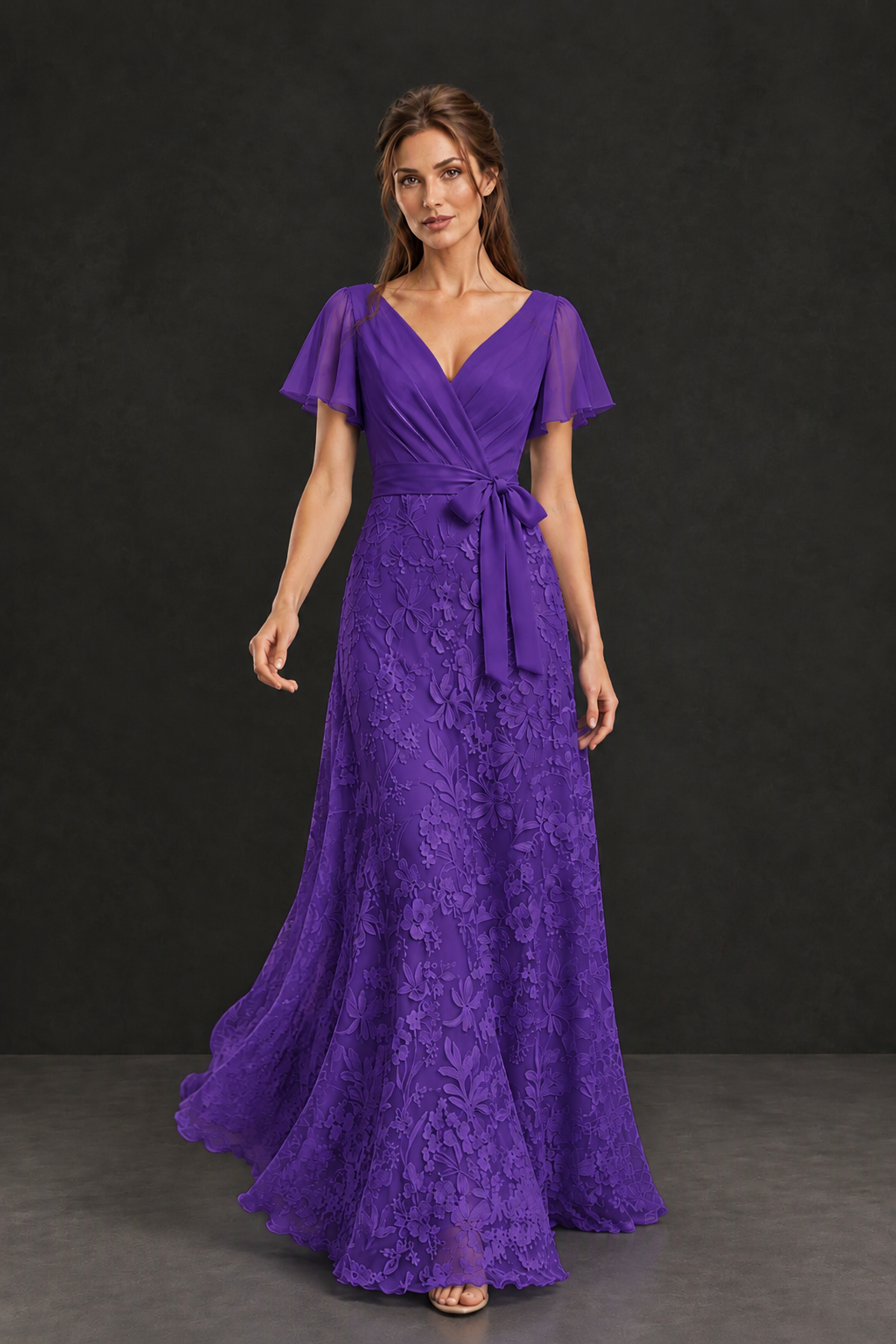 BOLODOO Purple Flutter Sleeve Lace Mother of the Bride Dress - Purple