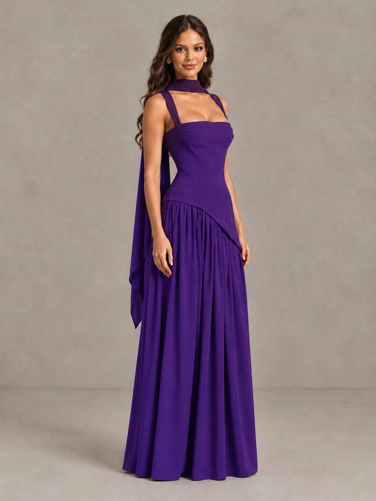 BOLODOO Purple Brown Scarf Bridesmaid Dress with Lace-Up Back - Purple - Purple (3)