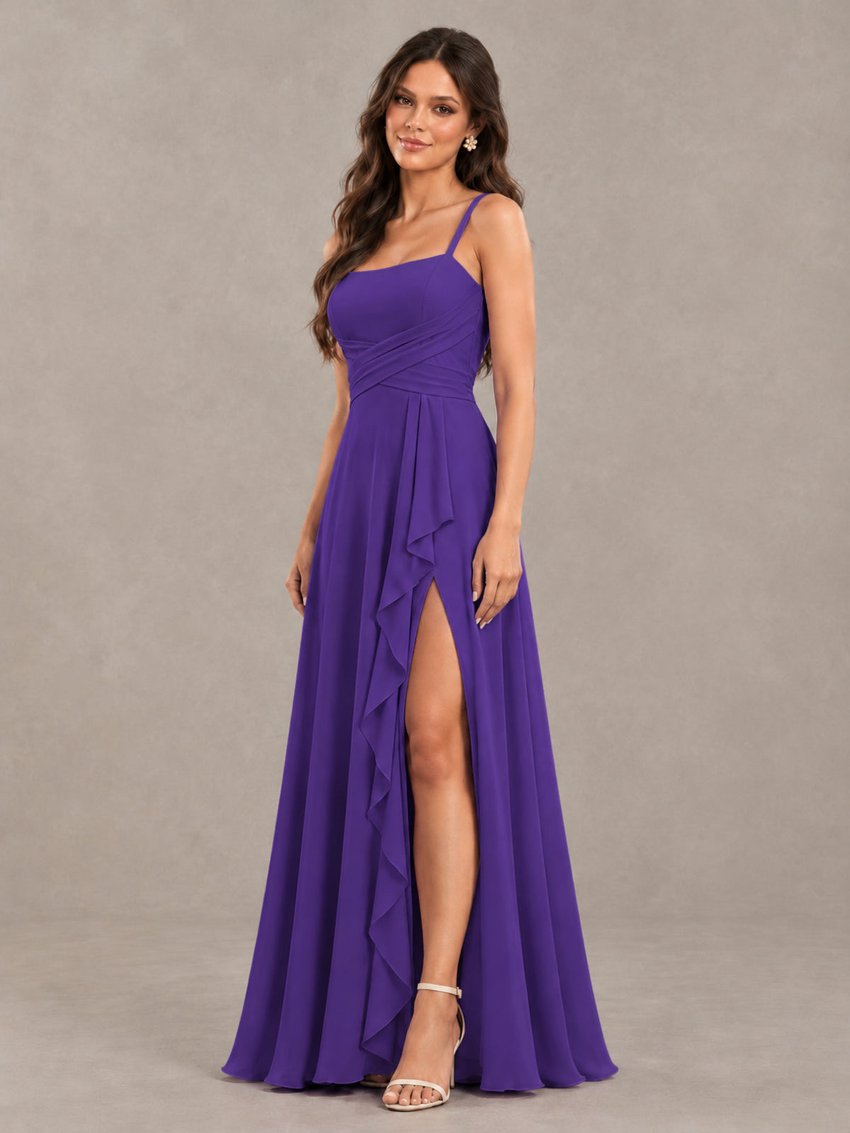BOLODOO Purple Spaghetti Strap Ruffle Bridesmaid Dress with Slit - Purple - Purple (3)